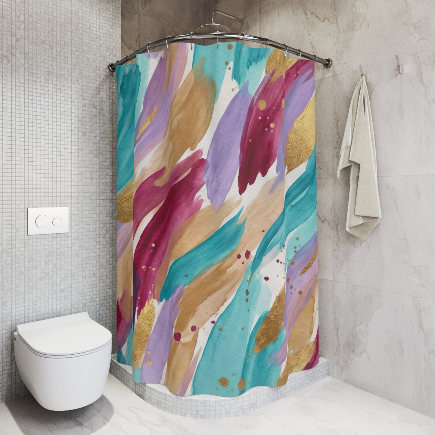 Abstract Watercolor Brushstroke Shower Curtain — Turquoise, Gold & Berry Bath Decor
