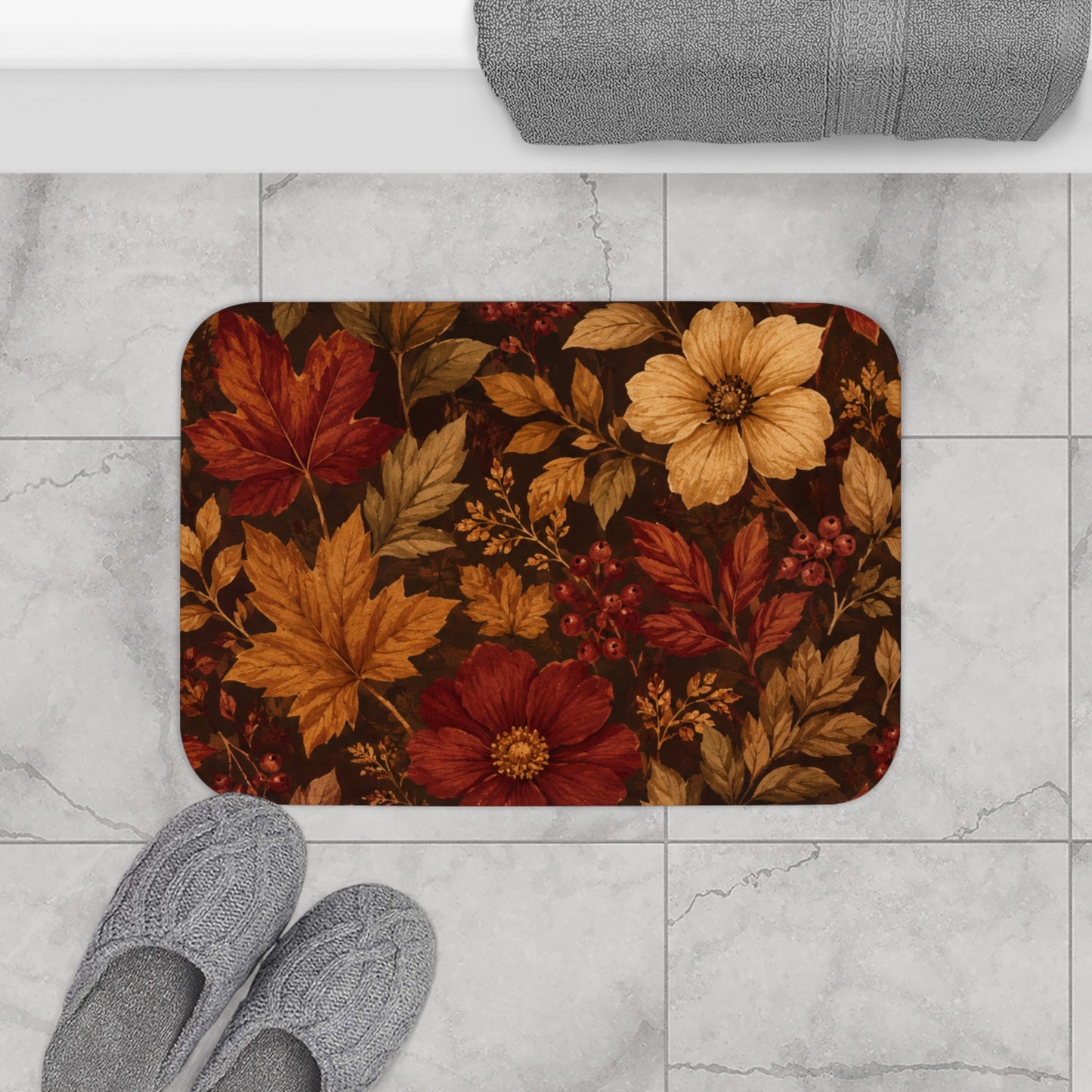 Rustic Fall Leaves & Floral Bathroom Rug