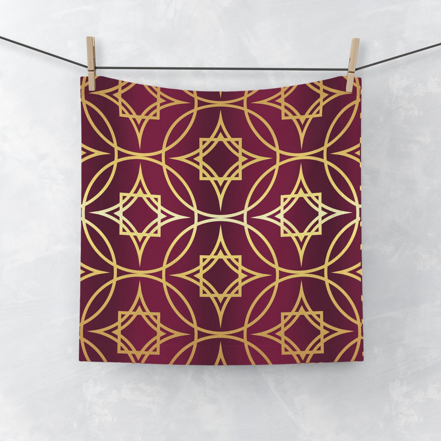Gilded Geometric Face Towel – Luxurious Burgundy & Gold Pattern