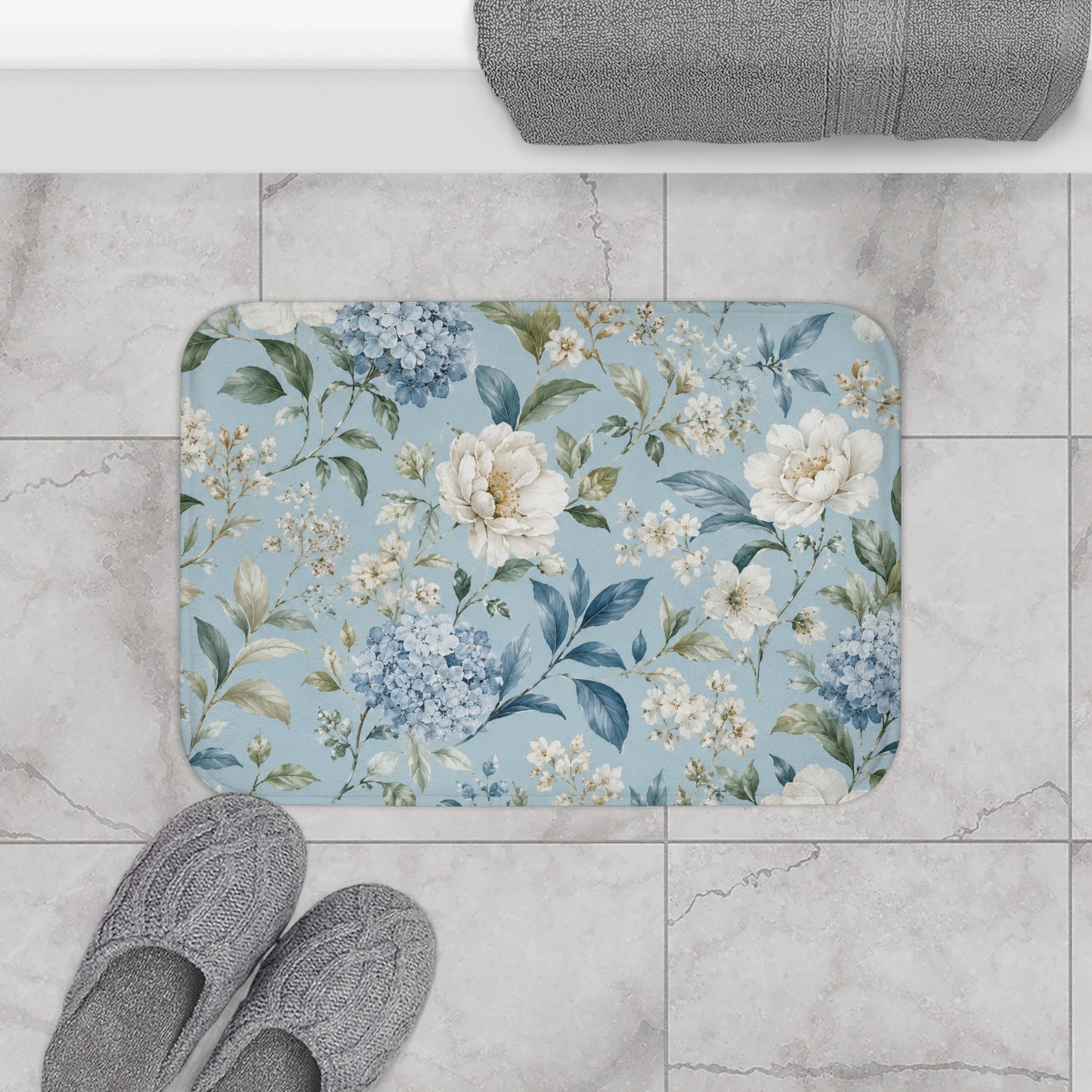 Blue Vintage Hydrangea & Peony Bathroom Rug