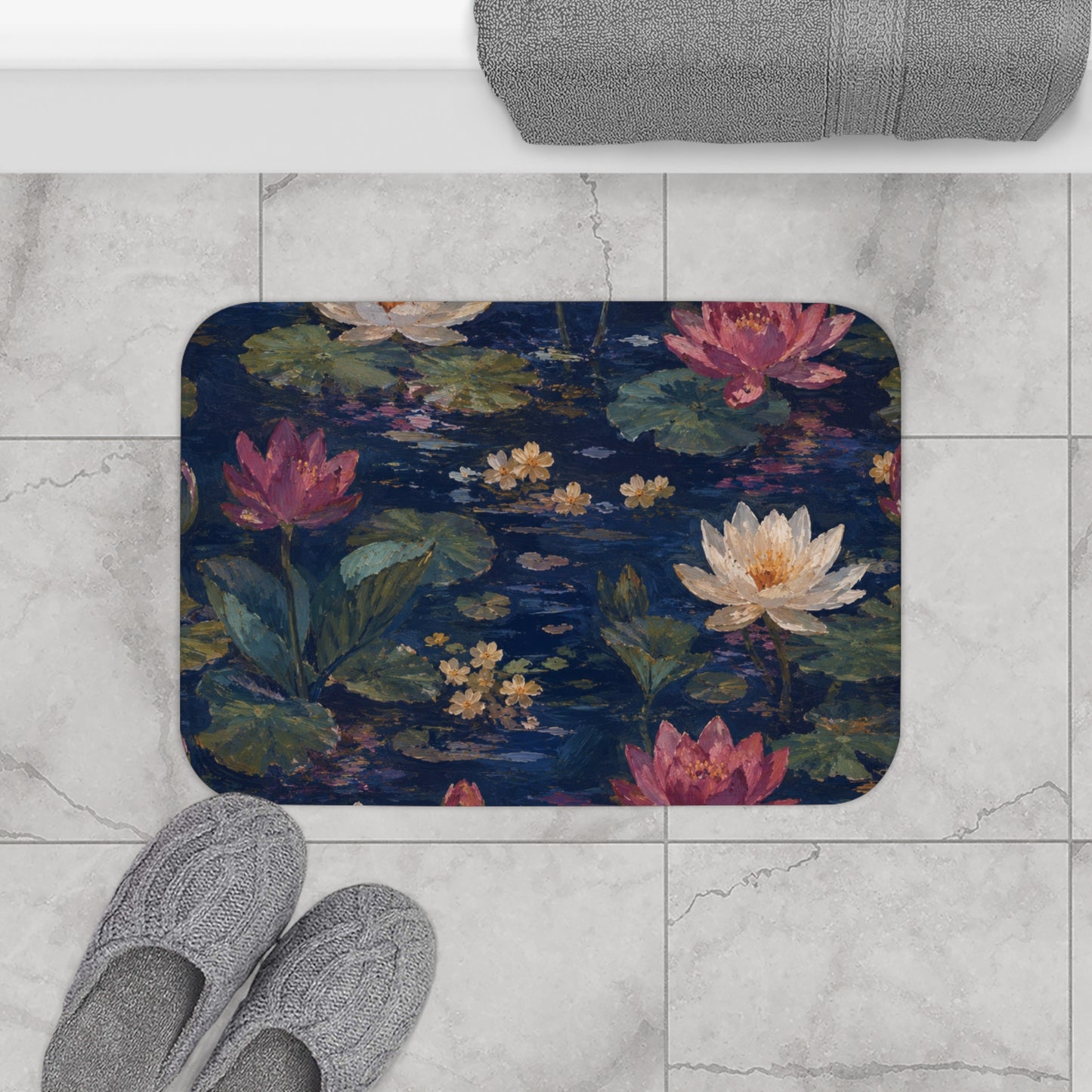 Dark Blue Lotus Pond Bath Mat