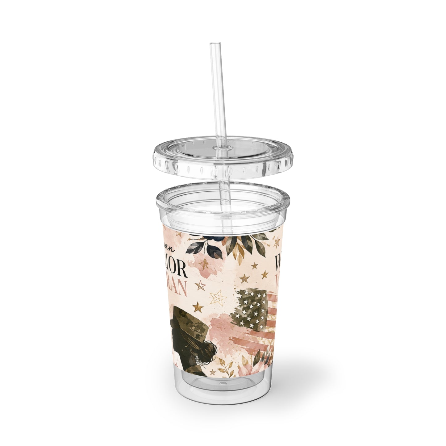 Woman Warrior Veteran Acrylic Tumbler — Patriotic Floral Suave Cup