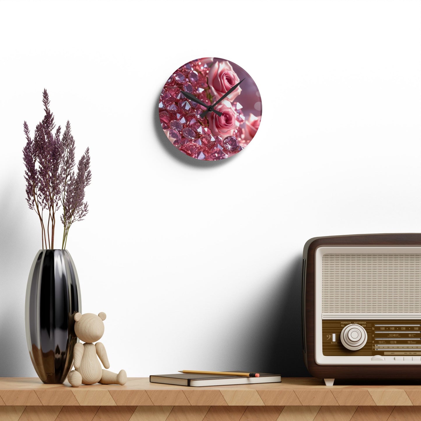 Pink Diamonds & Petals Acrylic Wall Clock