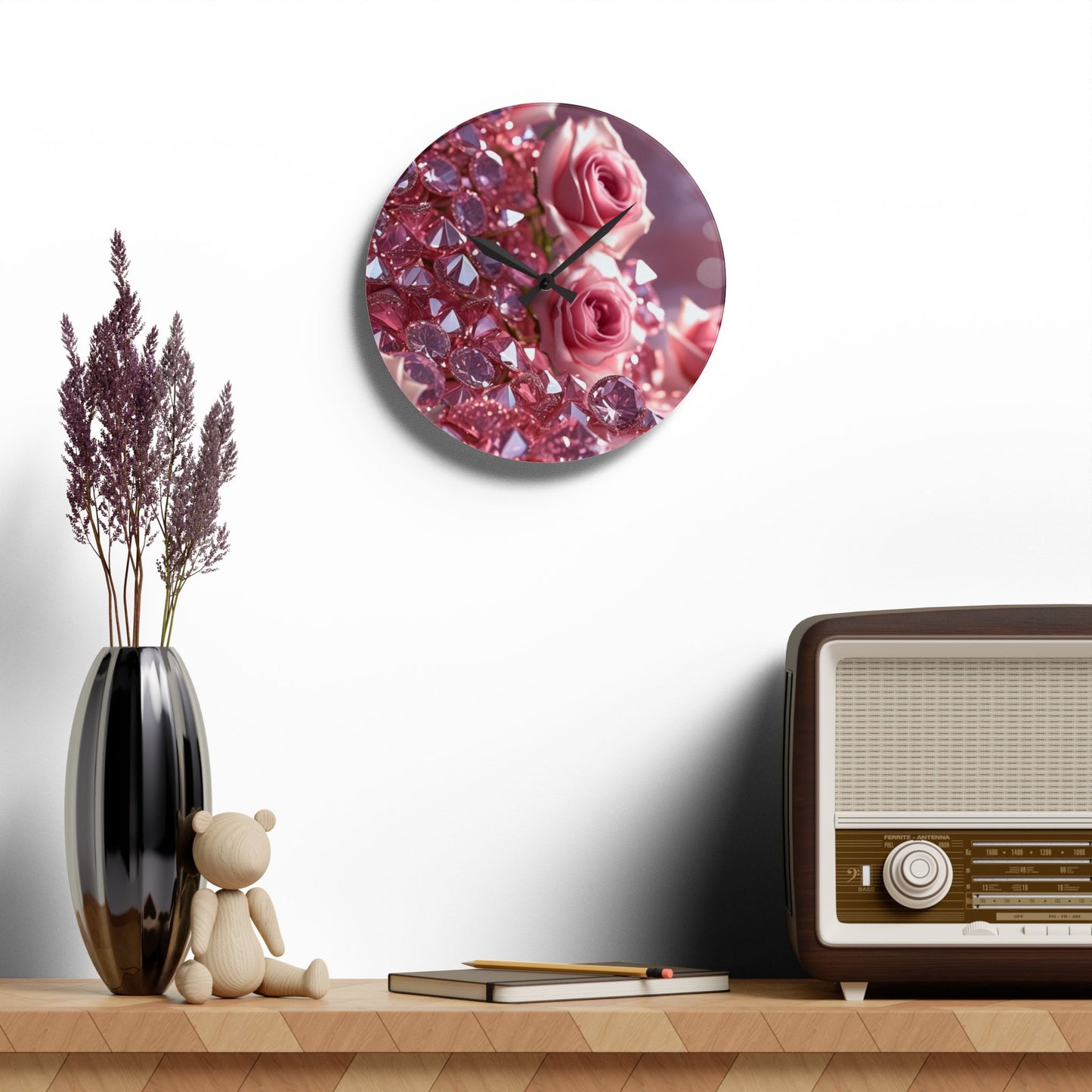 Pink Diamonds & Petals Acrylic Wall Clock