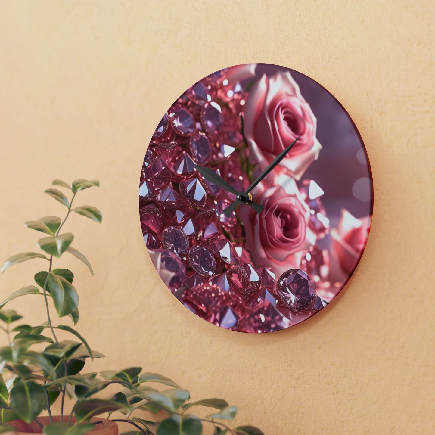 Pink Diamonds & Petals Acrylic Wall Clock