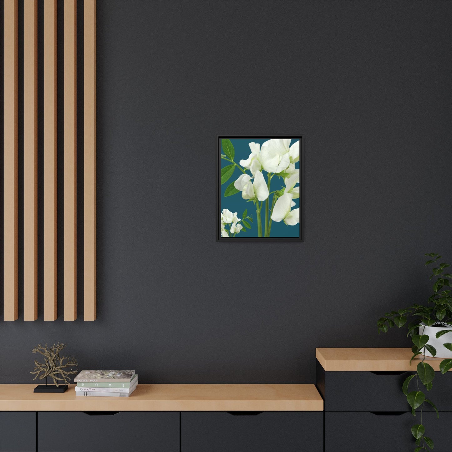 Teal Wave Matching Framed White Sweet Pea Floral Matte Canvas Print