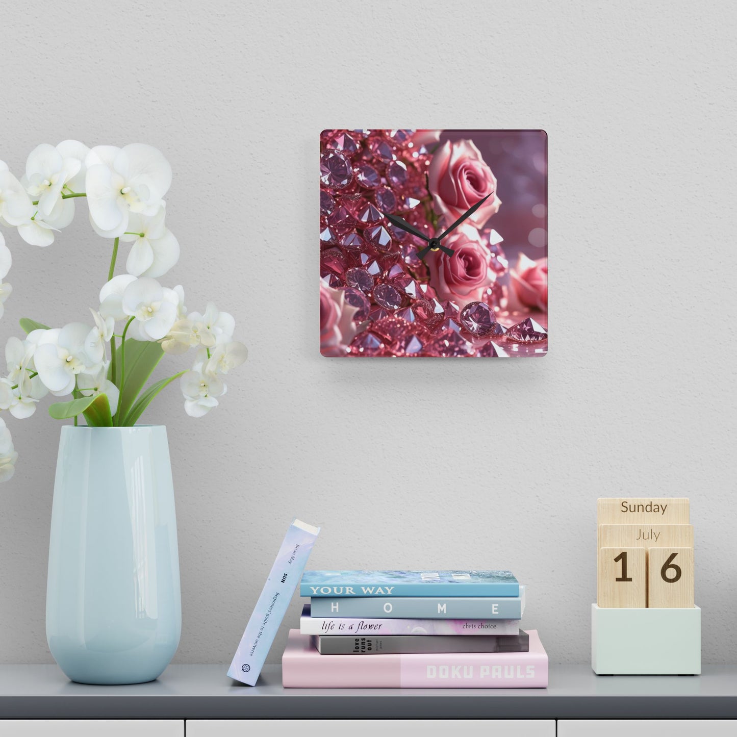 Pink Diamonds & Petals Acrylic Wall Clock
