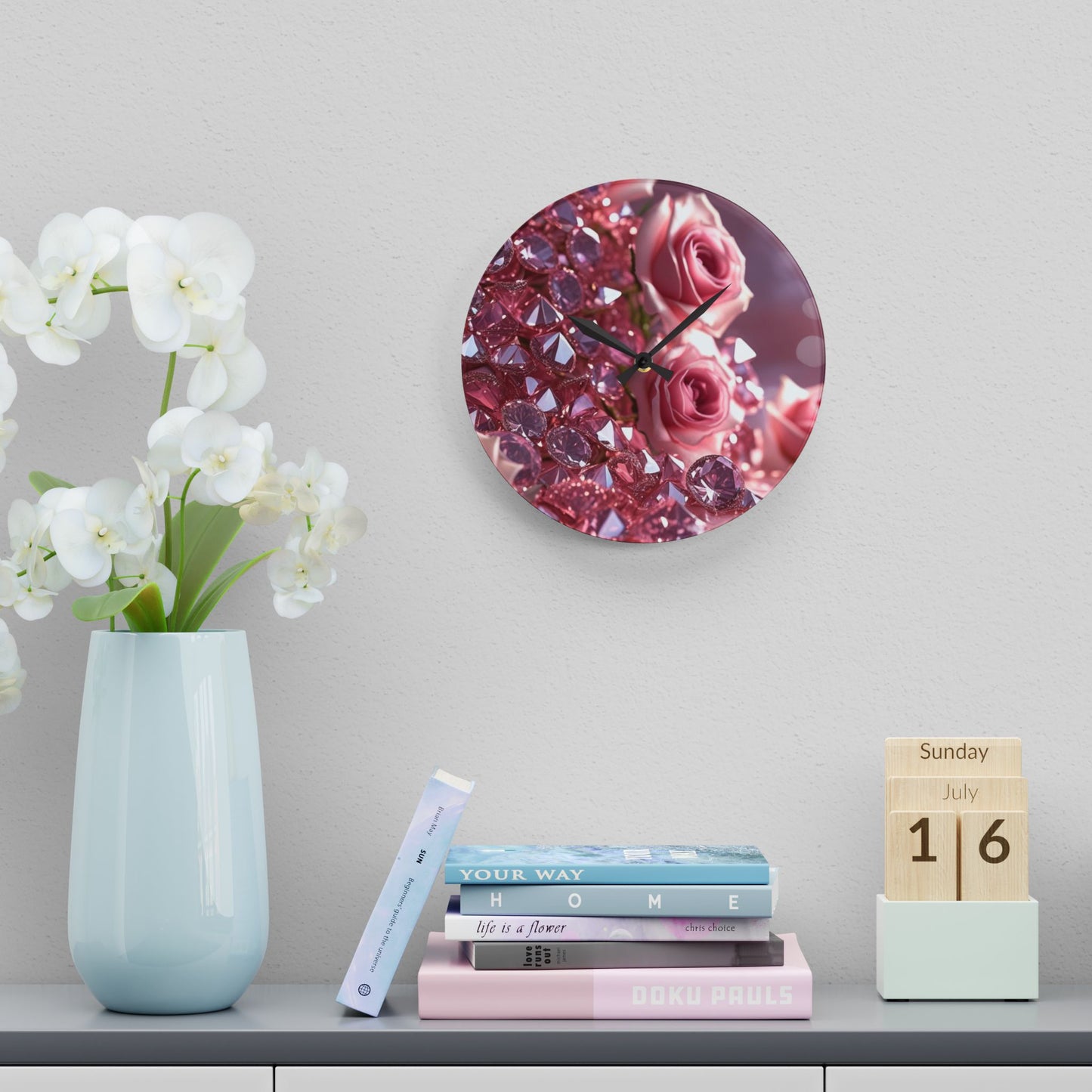 Pink Diamonds & Petals Acrylic Wall Clock