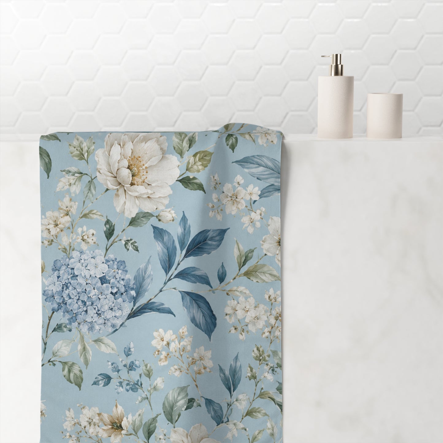 Blue Vintage Hydrangea & Peony Cotton Towel