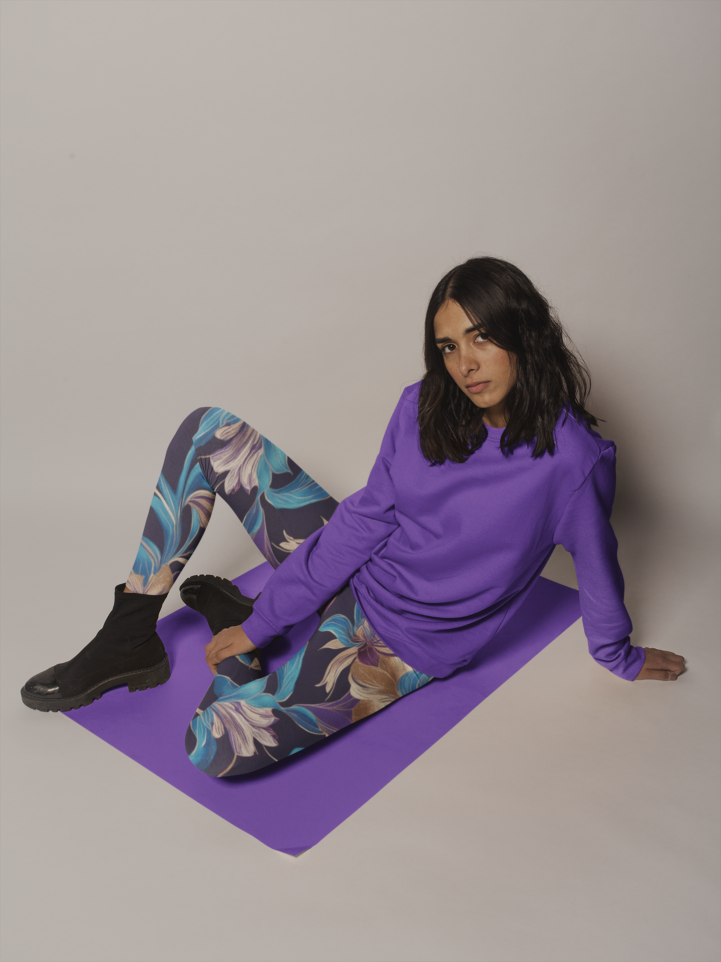Purple/Blue Boho Floral Women's Cut & Sew Casual Leggings (AOP)