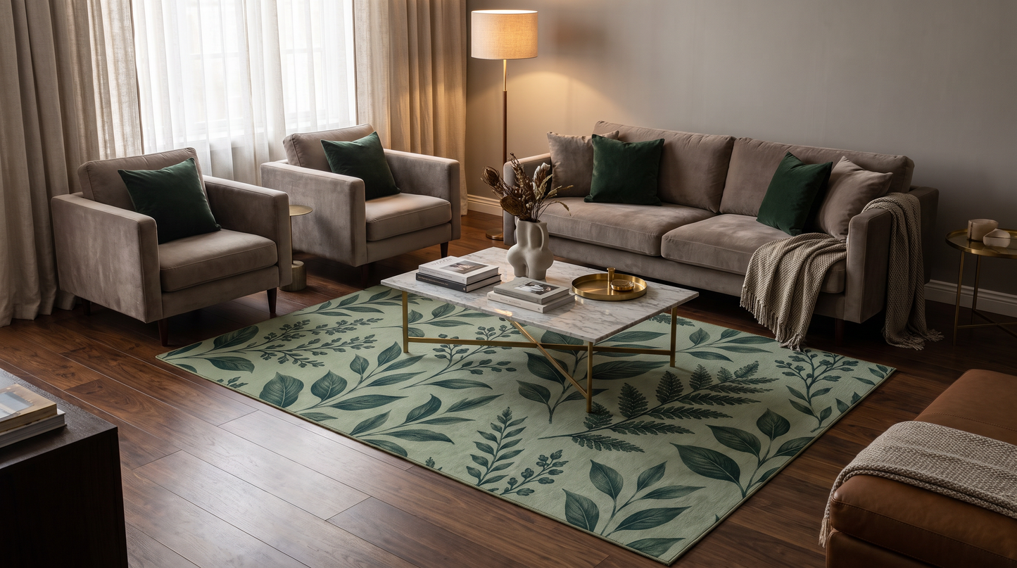 Botanical Green Leaf Pattern Washable Rug
