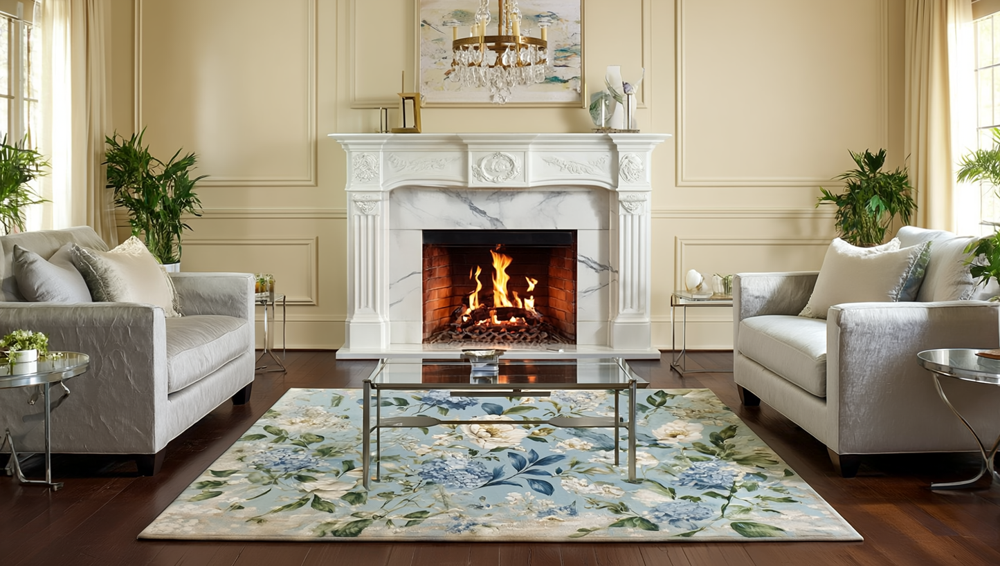 Blue Vintage Hydrangea & Peony Washable Rug