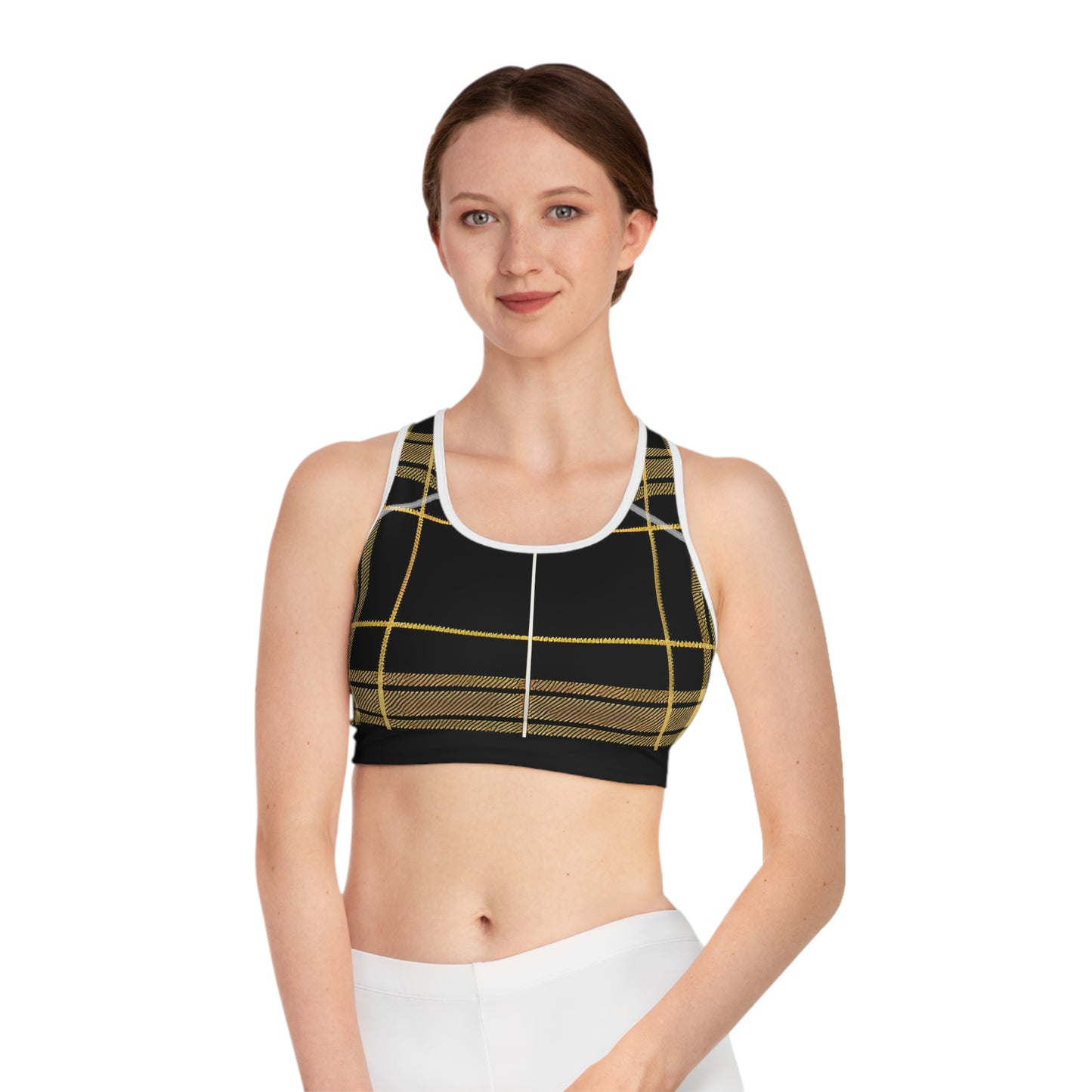 Black/Gold Plaid Sports Bra (AOP)