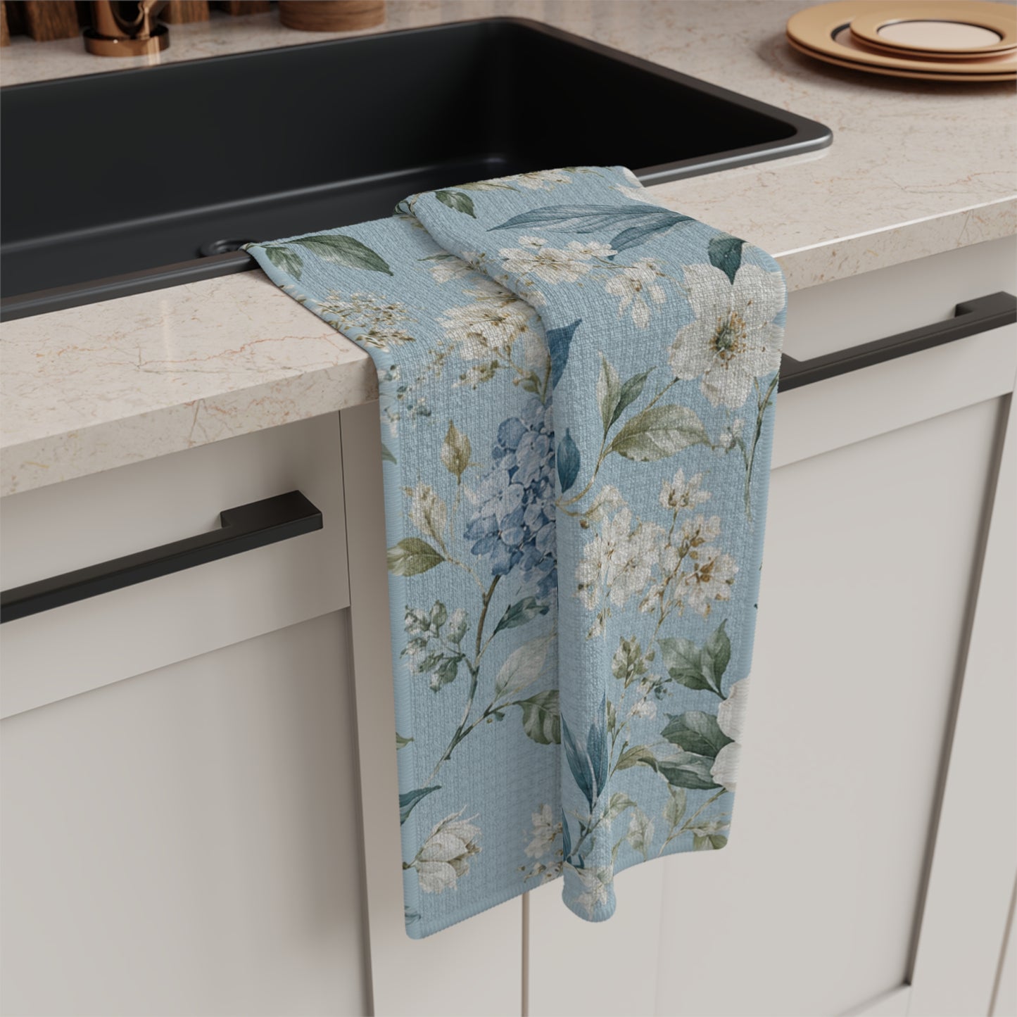 Blue Vintage Hydrangea & Peony Tea Towel — Microfiber Kitchen Towel with Pattern