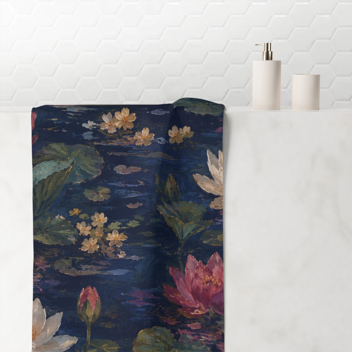 Dark Blue Lotus Pond Design - Bath Towel