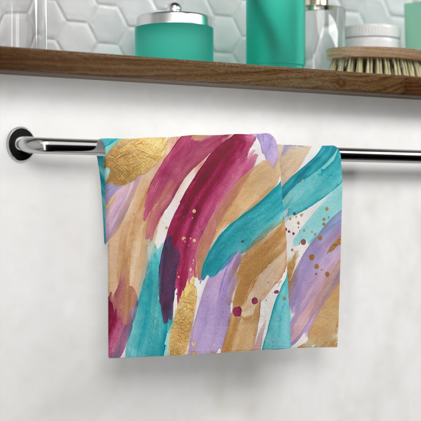 Abstract Watercolor Face Towel — Teal, Purple & Gold Brushstroke Pattern