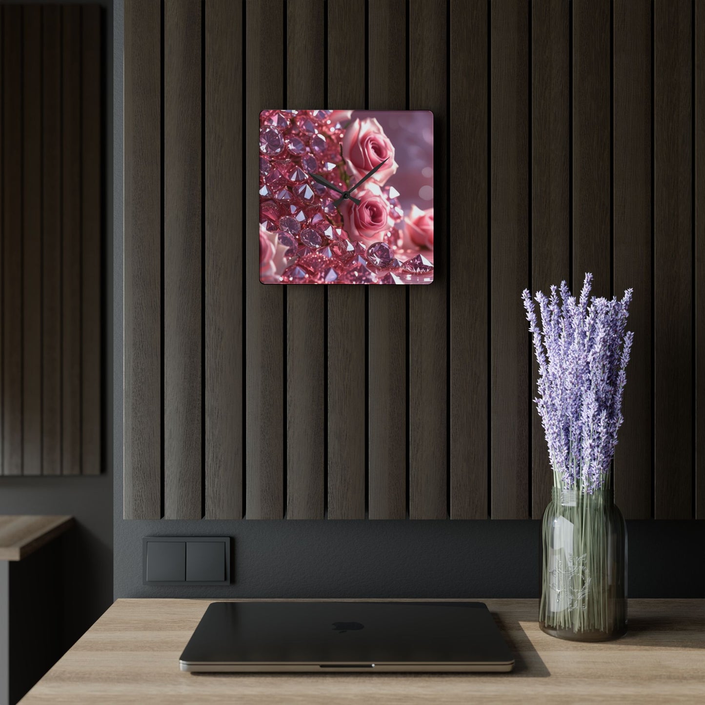 Pink Diamonds & Petals Acrylic Wall Clock