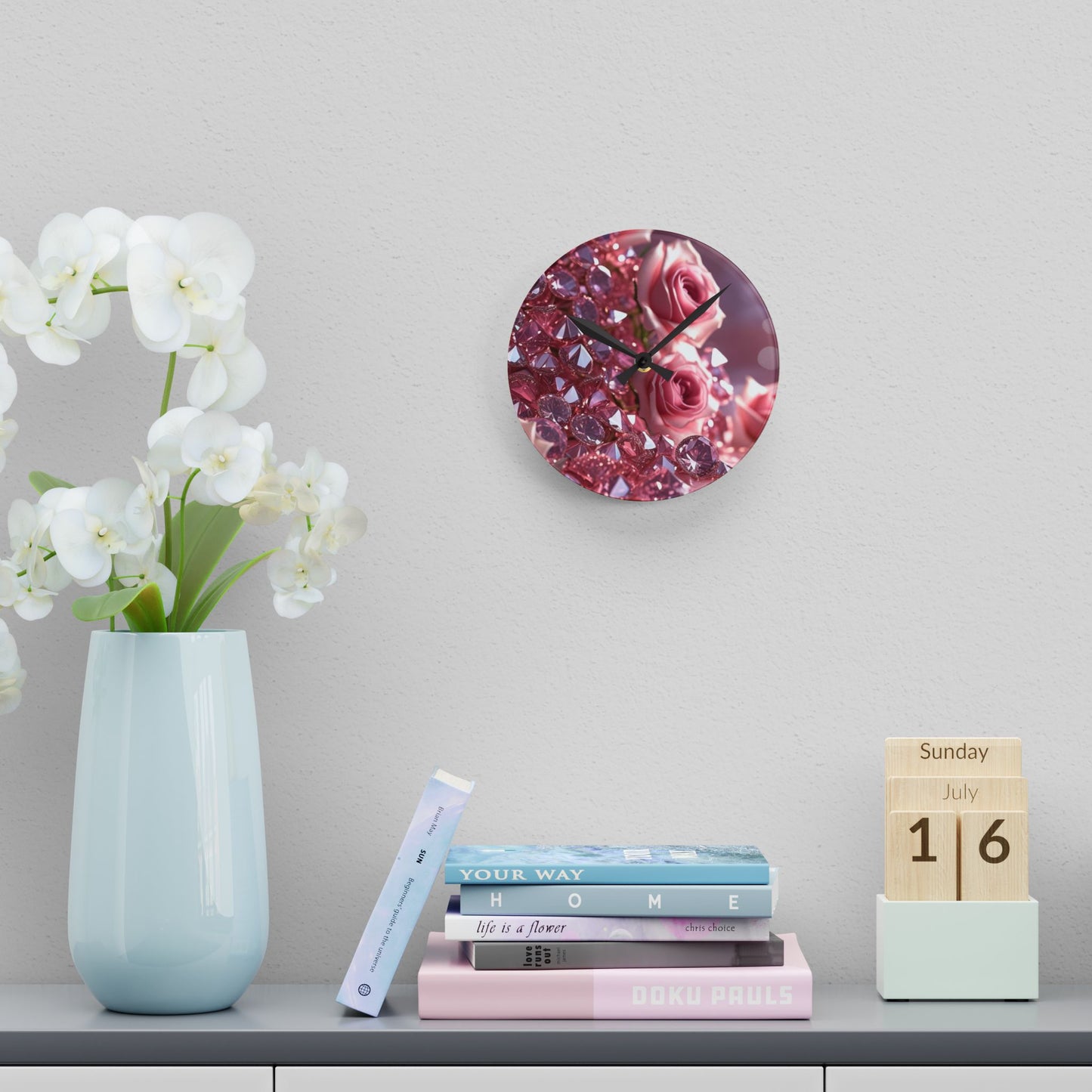 Pink Diamonds & Petals Acrylic Wall Clock