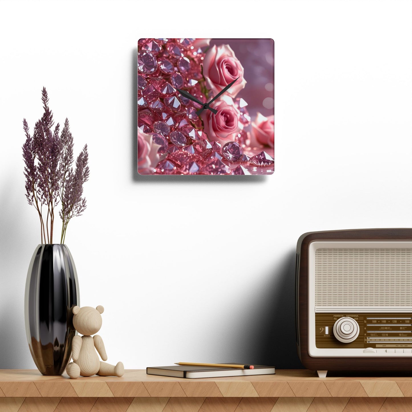 Pink Diamonds & Petals Acrylic Wall Clock