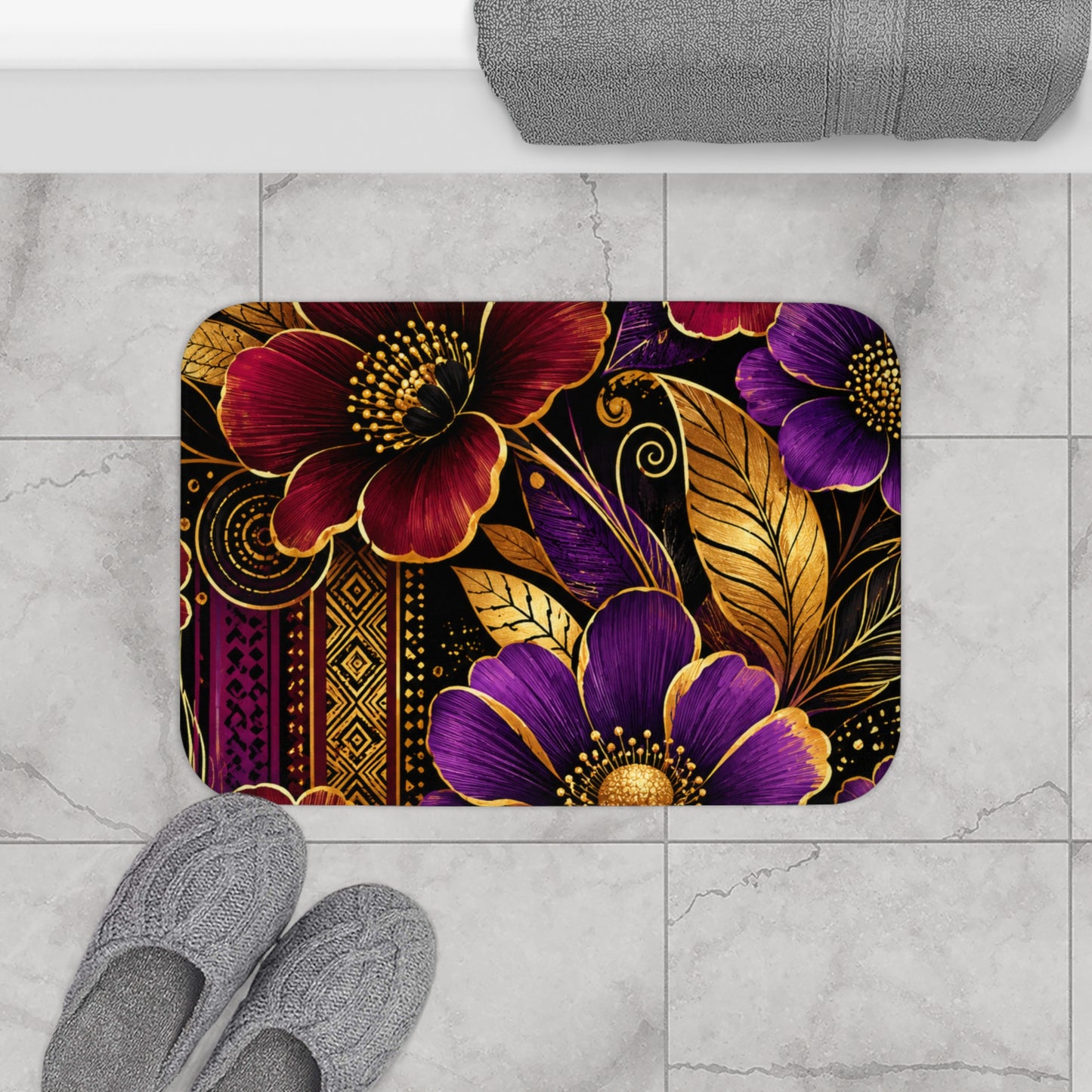 Zuri Garden Bath Mat – Plush Non-Slip Floral Bath Rug in Burgundy, Gold, Black & Purple