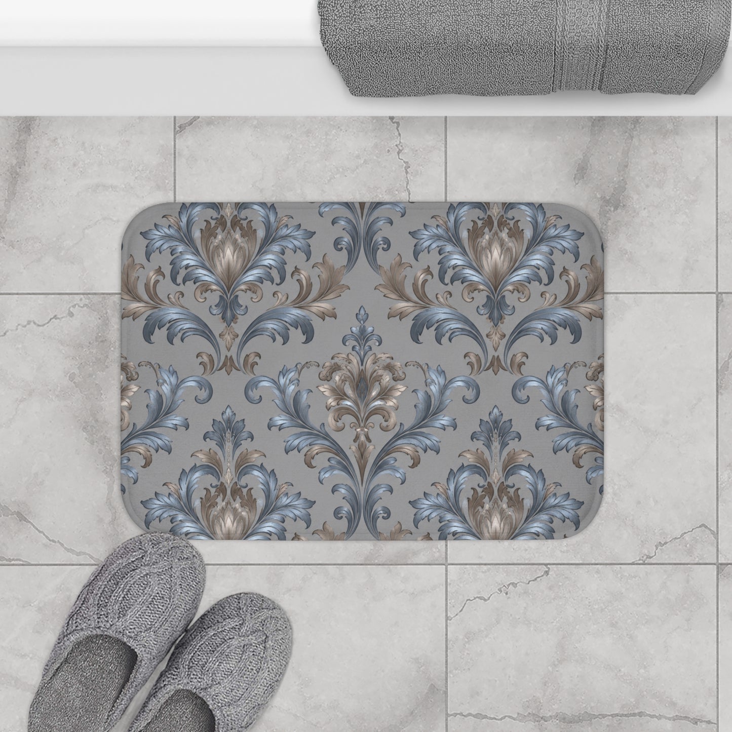 Elegant Blue Gray Damask Bath Mat — Vintage Floral Non-Slip Bath Rug