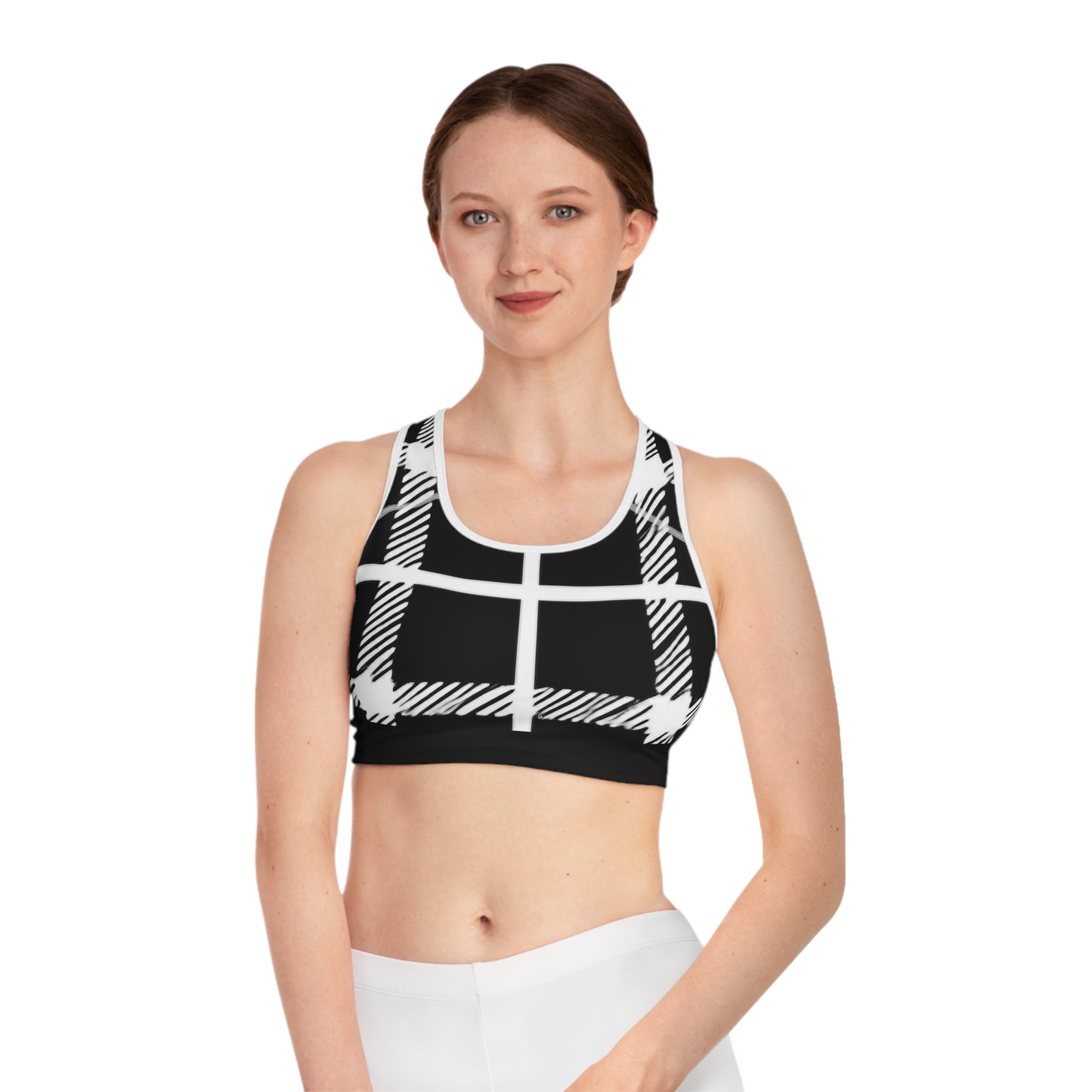 Black/White Plaid Sports Bra (AOP)