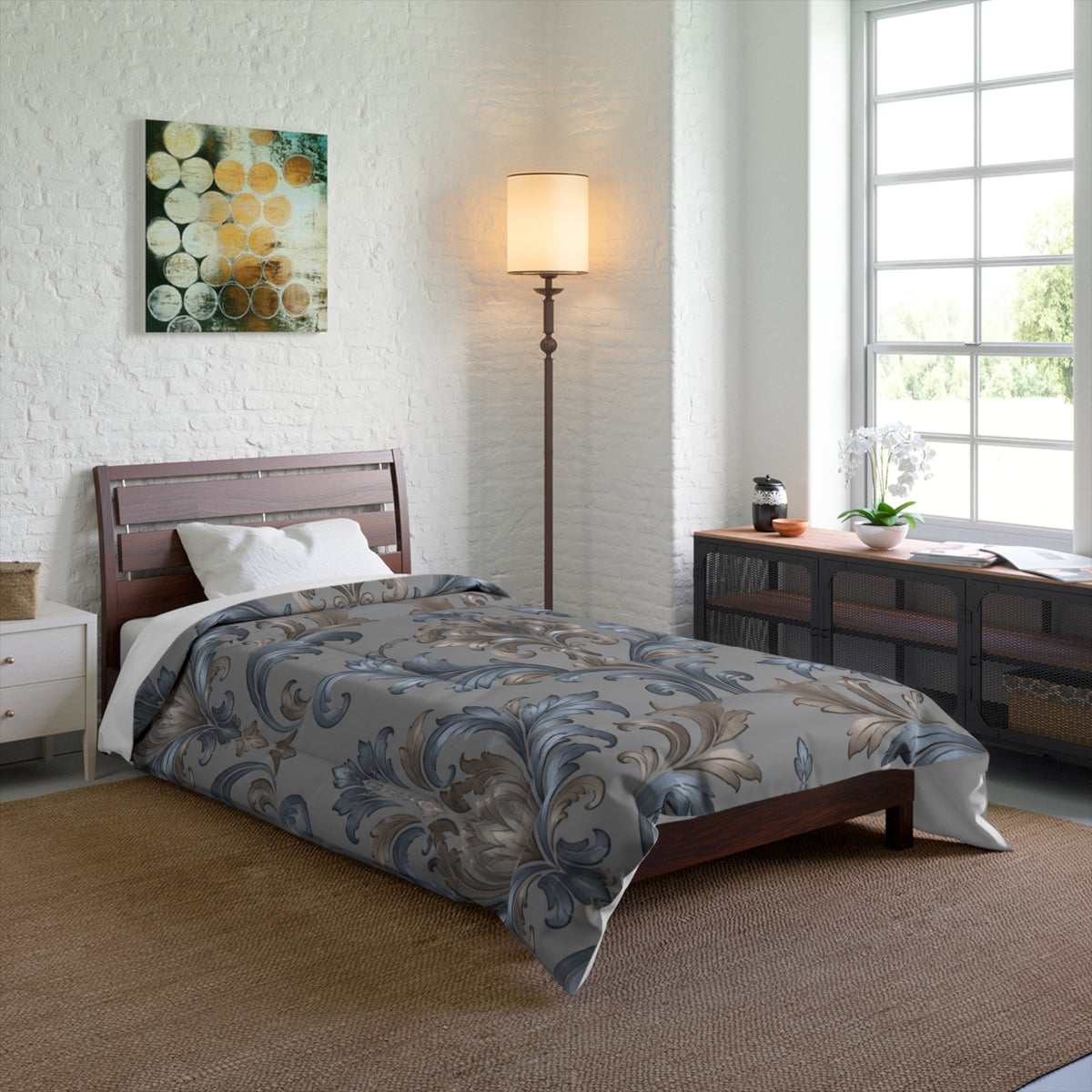 Elegant Blue Gray Damask Motif Bedding