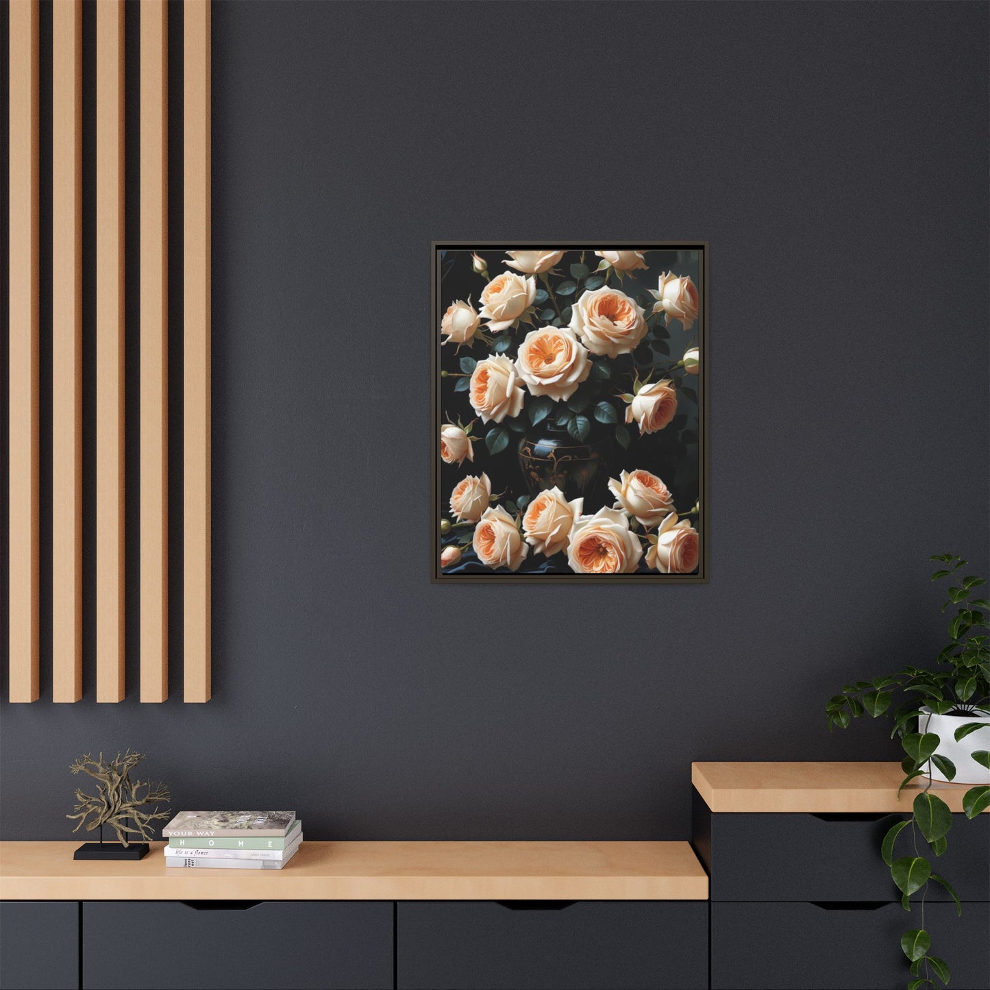 Peach Roses in Black Vase Floral Framed Matte Canvas Print