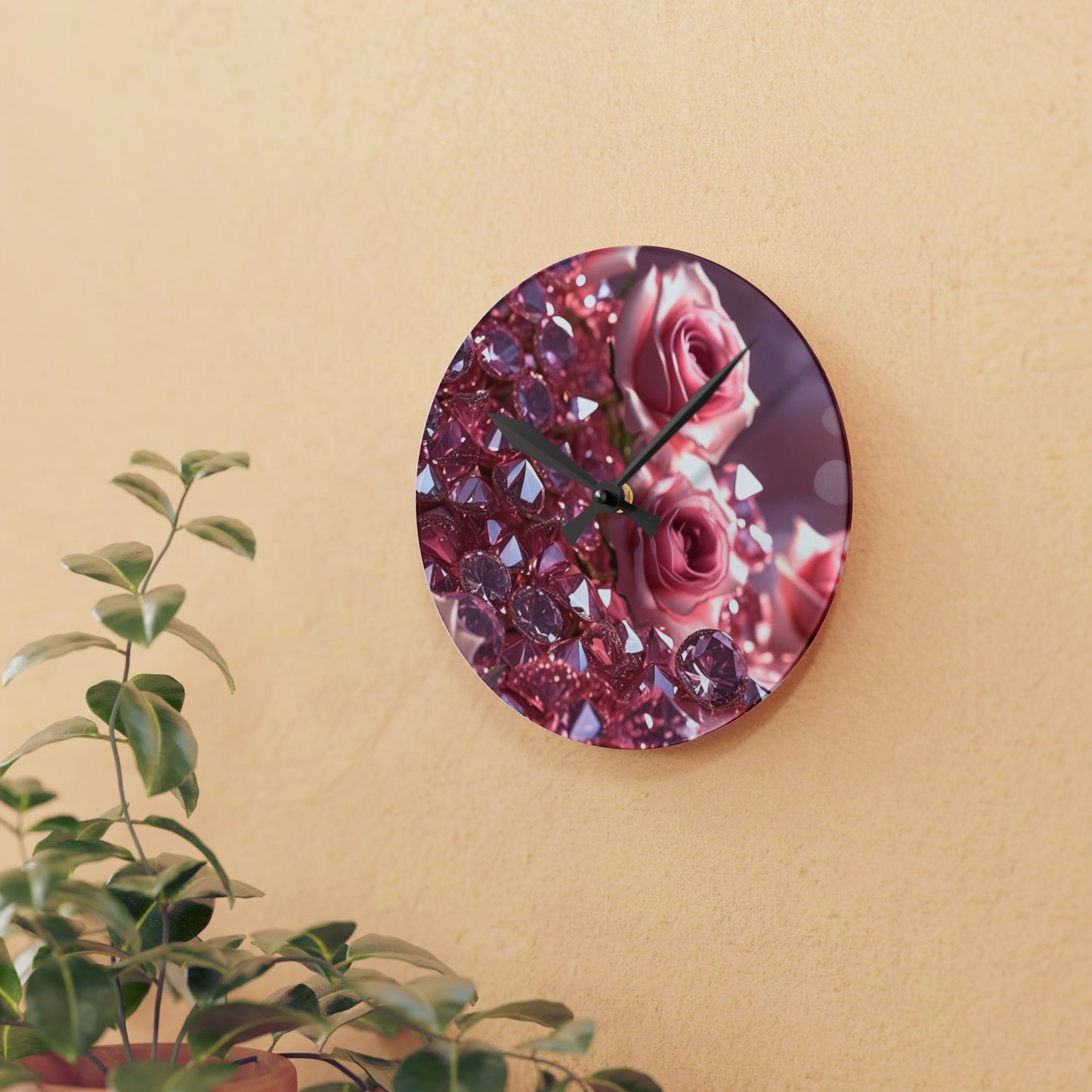 Pink Diamonds & Petals Acrylic Wall Clock
