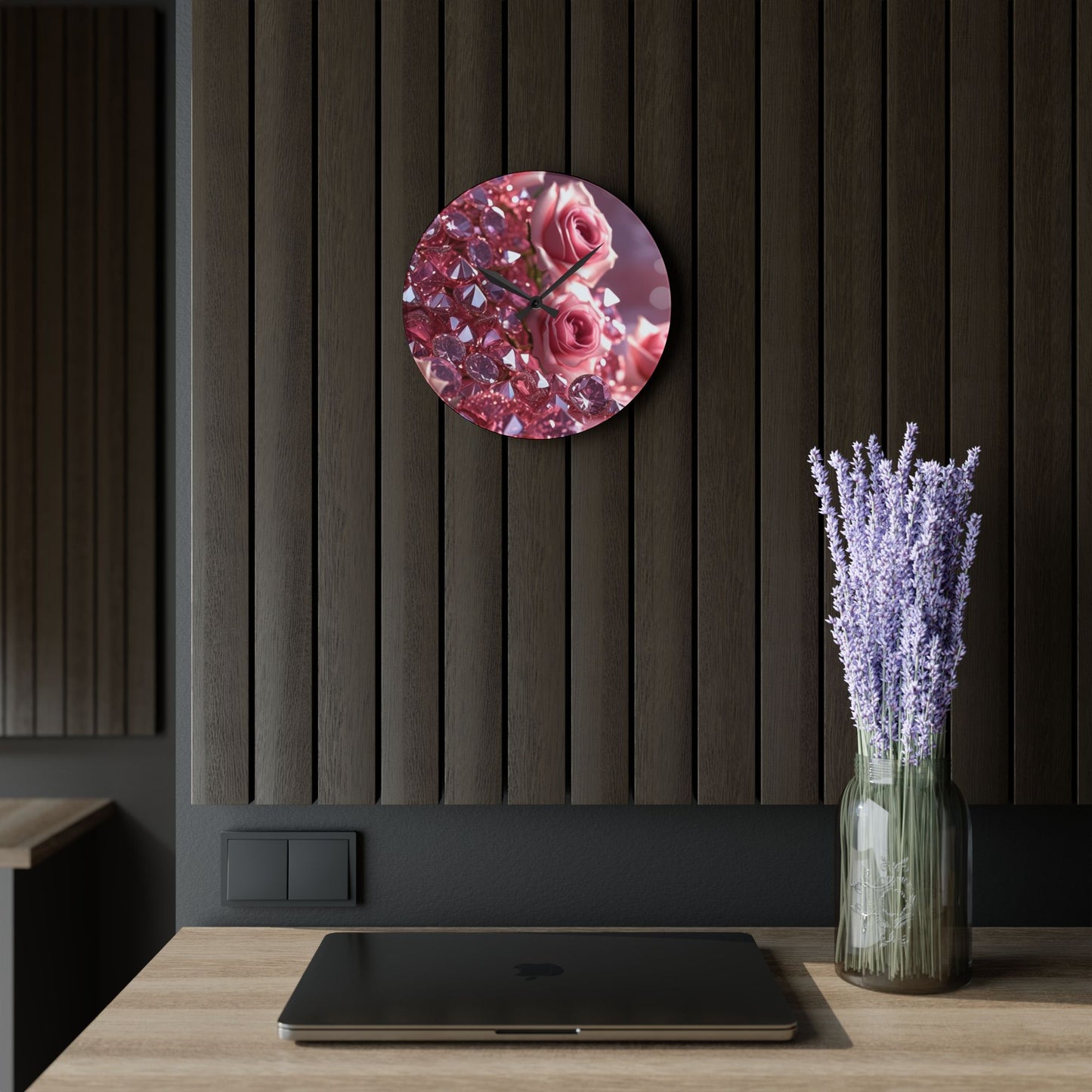 Pink Diamonds & Petals Acrylic Wall Clock