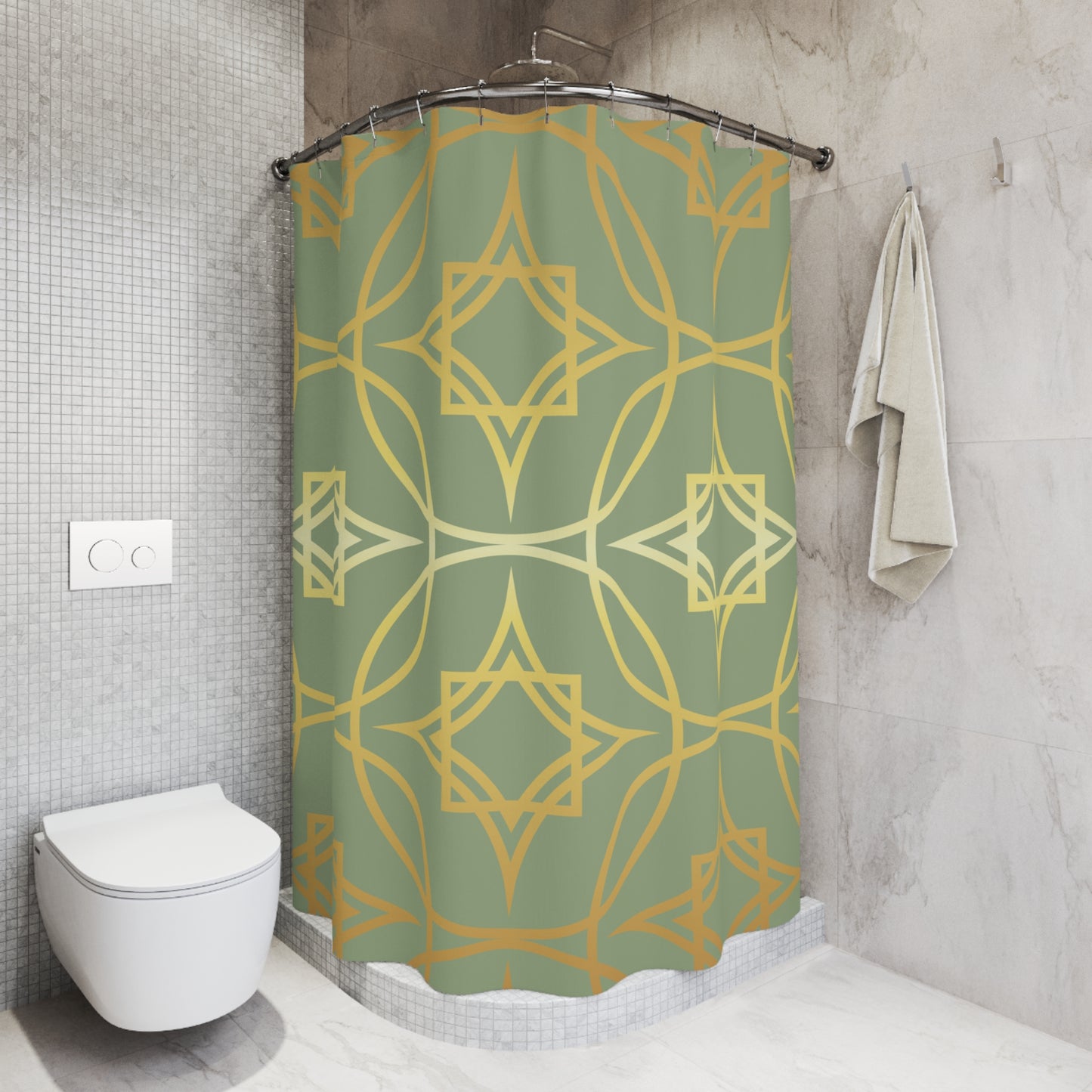 Gilded Geometric Shower Curtain — Sage Green & Gold Bath Décor