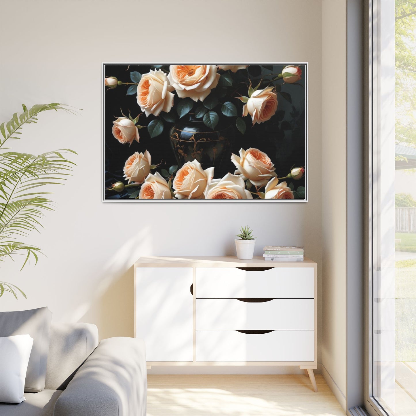 Peach Roses in Black Vase Floral Framed Matte Canvas Print
