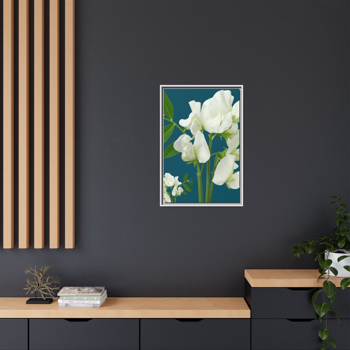 Teal Wave Matching Framed White Sweet Pea Floral Matte Canvas Print