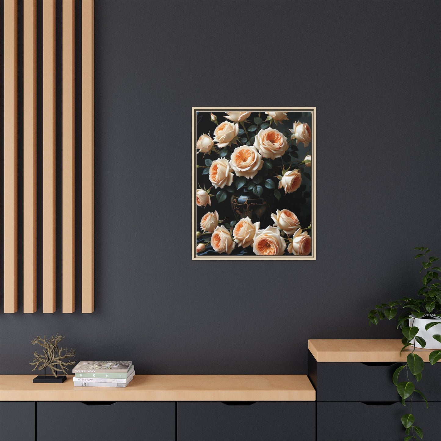 Peach Roses in Black Vase Floral Framed Matte Canvas Print