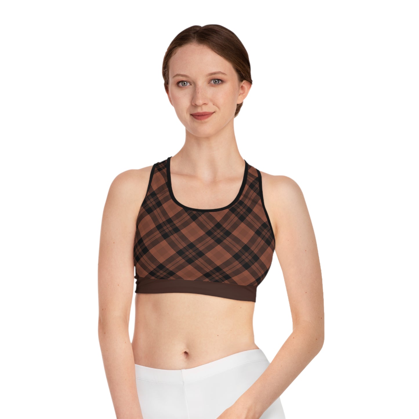 Brown w/Cocoa Trim Plaid Sports Bra (AOP)