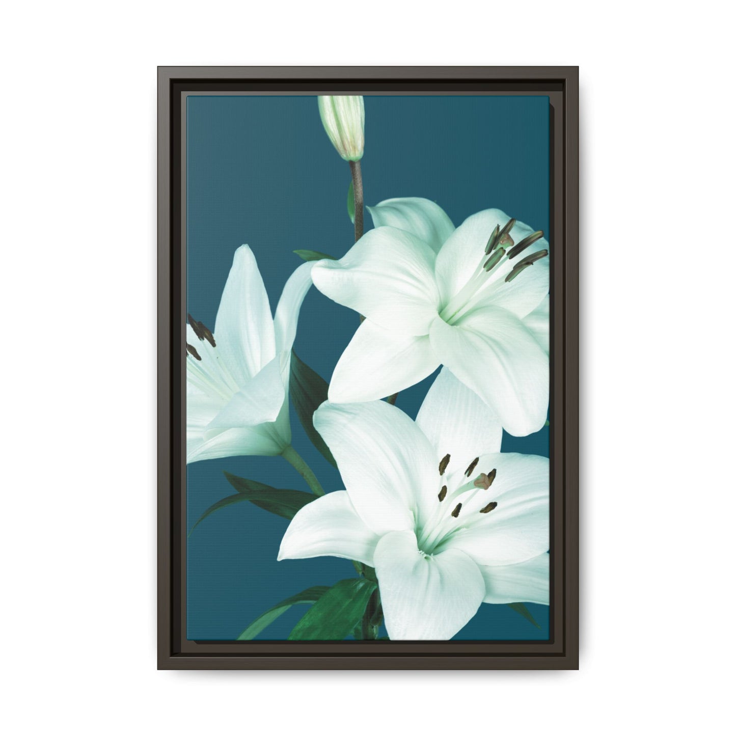 Teal Wave White Lily Botanical Framed Canvas Print
