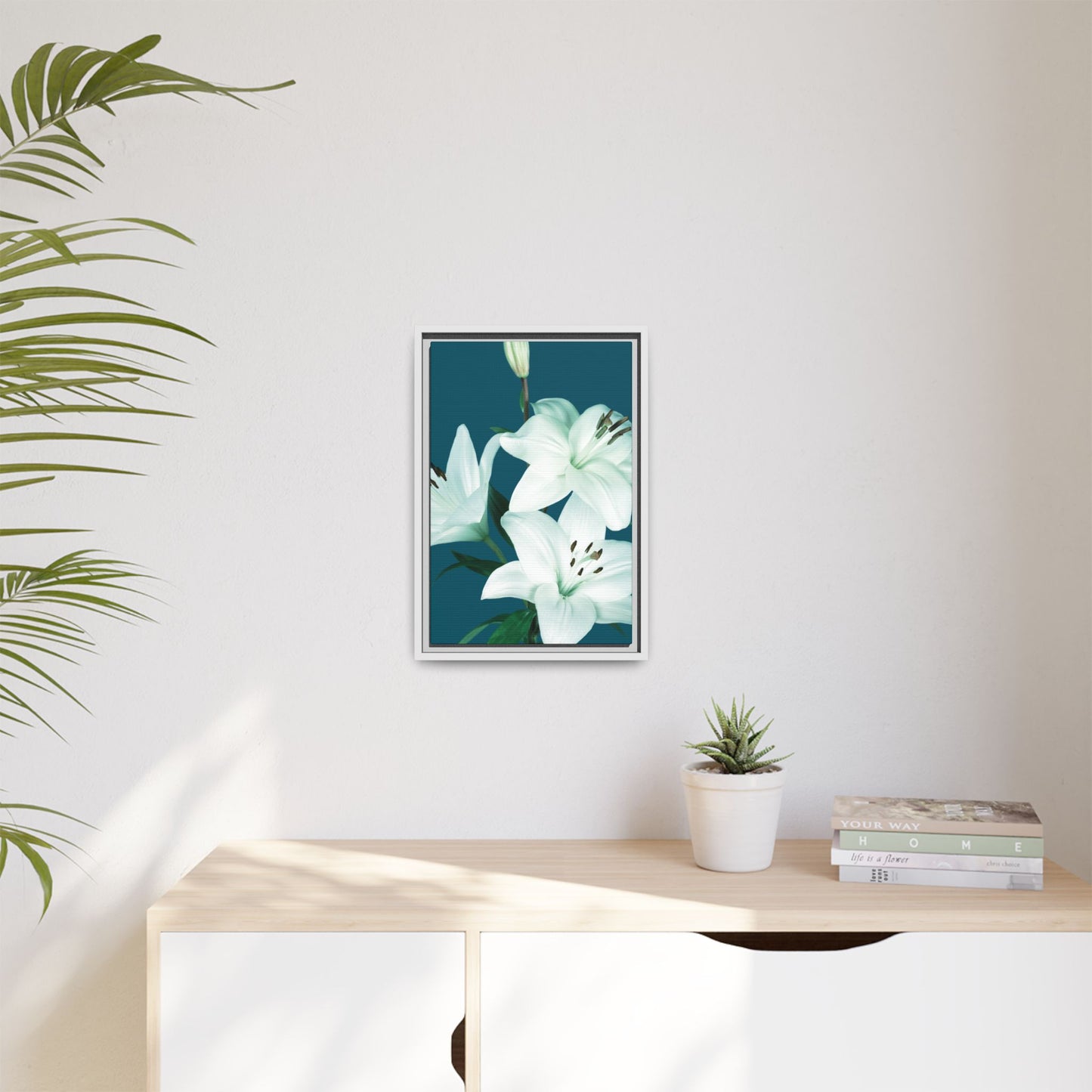 Teal Wave White Lily Botanical Framed Canvas Print