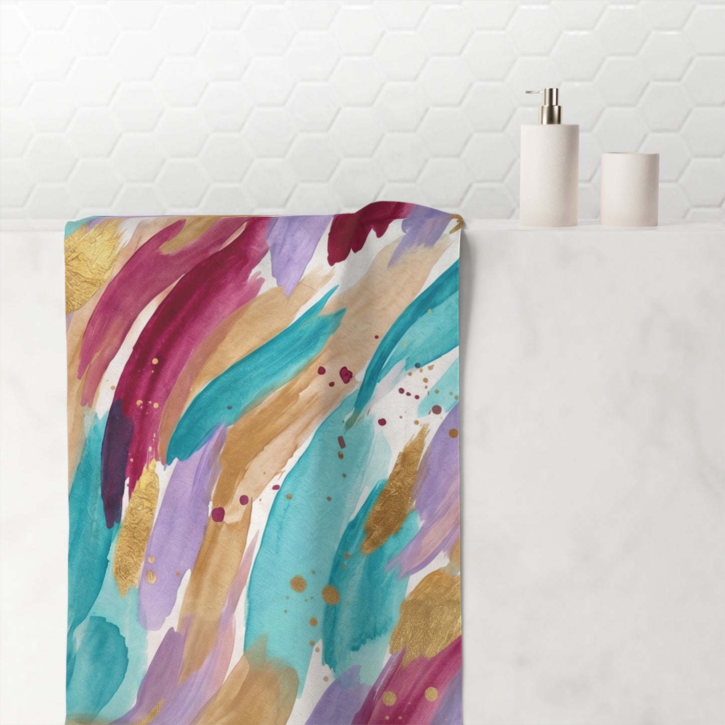 Abstract Watercolor Brushstroke Beach Towel — Teal, Purple & Gold Spa Towel