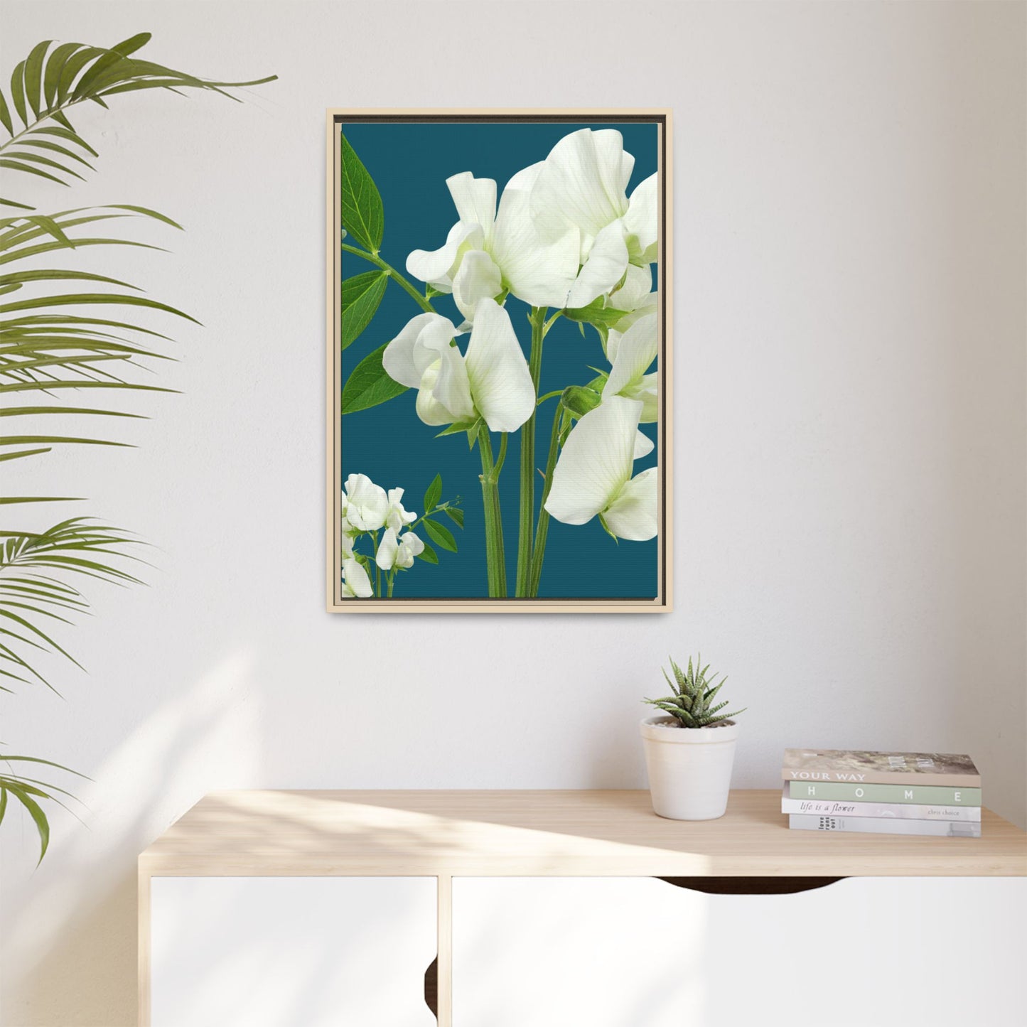 Framed White Sweet Pea Floral Matte Canvas Print