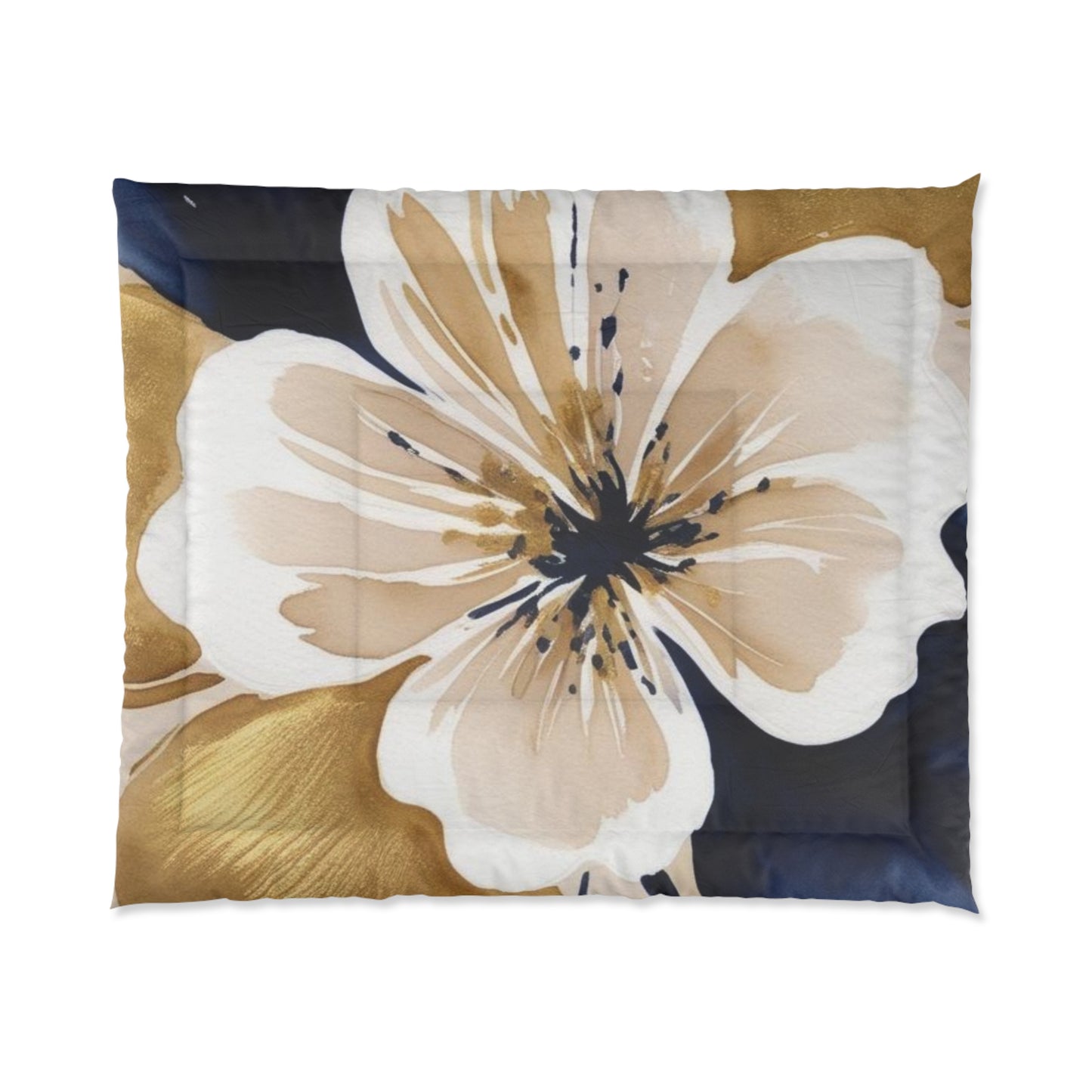 Floral Gold & Navy Comforter – Large Watercolor Blossom Bedding