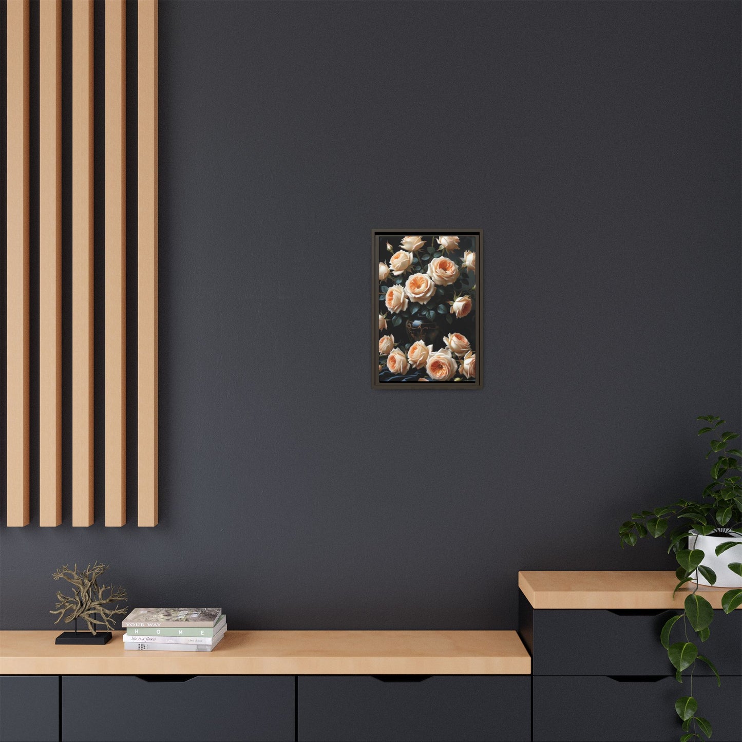 Peach Roses in Black Vase Floral Framed Matte Canvas Print