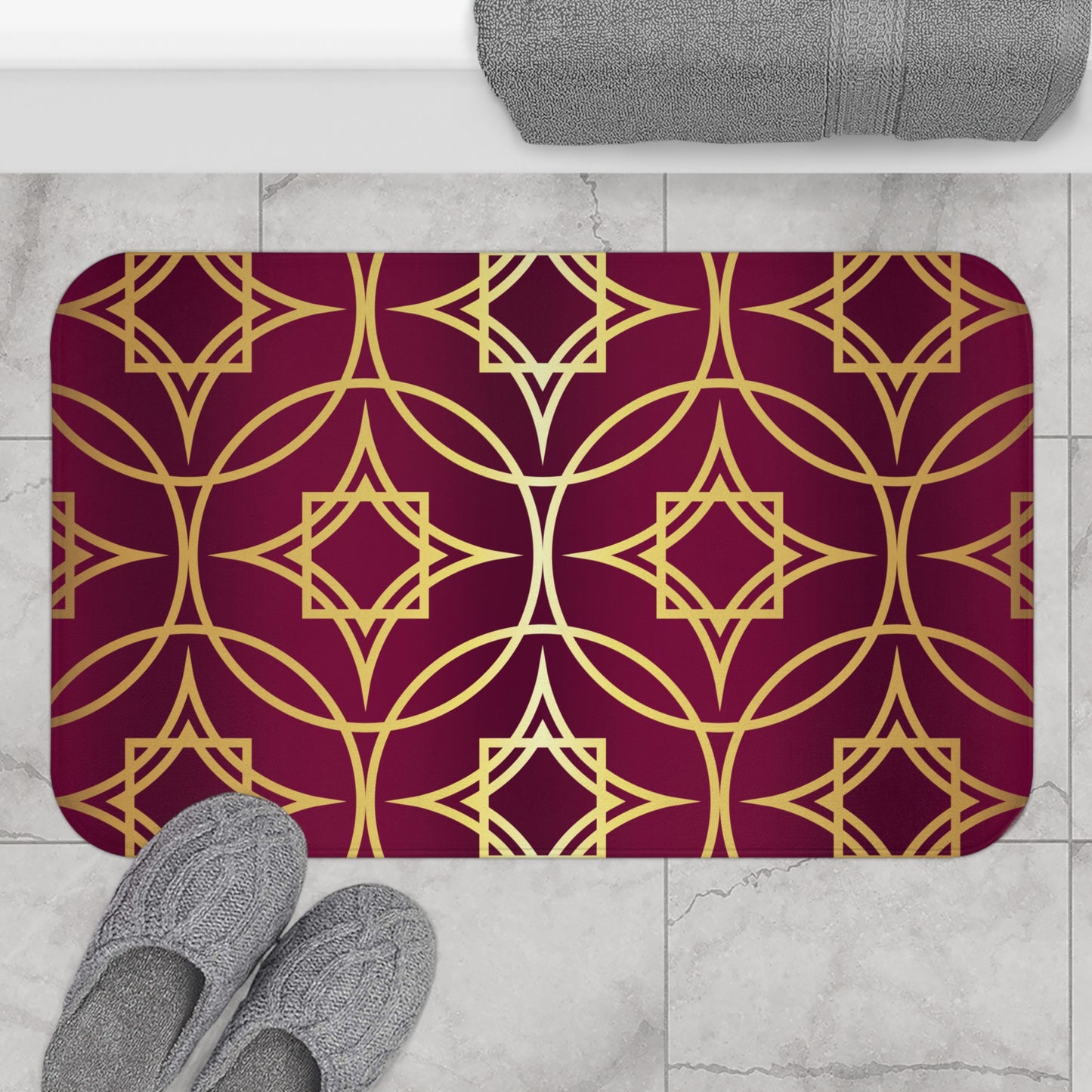 Gilded Geometric Bath Mat — Burgundy Moroccan Pattern