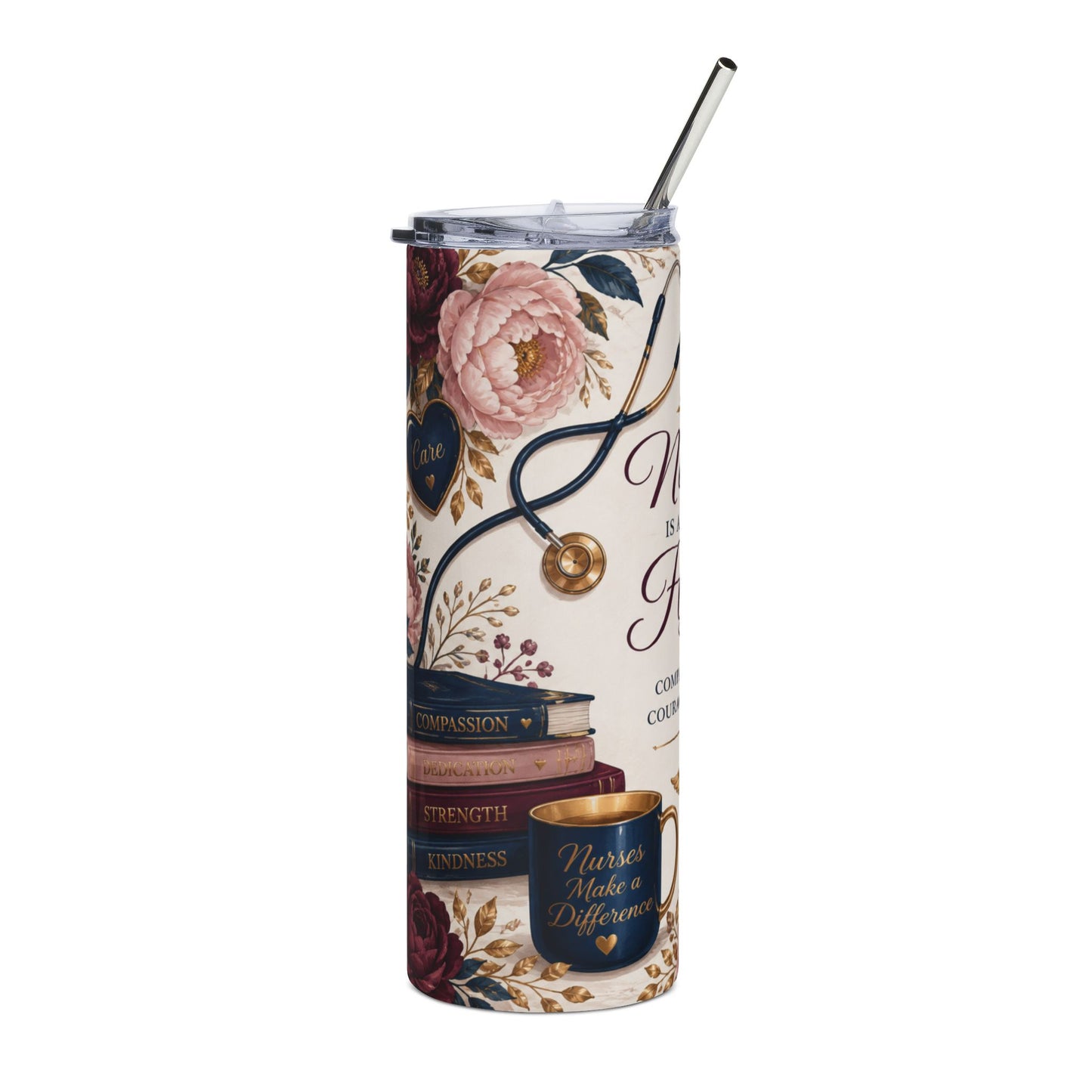 Nursing Is a Work of Heart 20oz Stainless Tumbler — Floral Nurse Gift