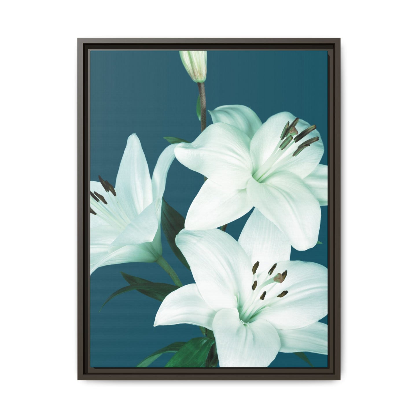 Teal Wave White Lily Botanical Framed Canvas Print