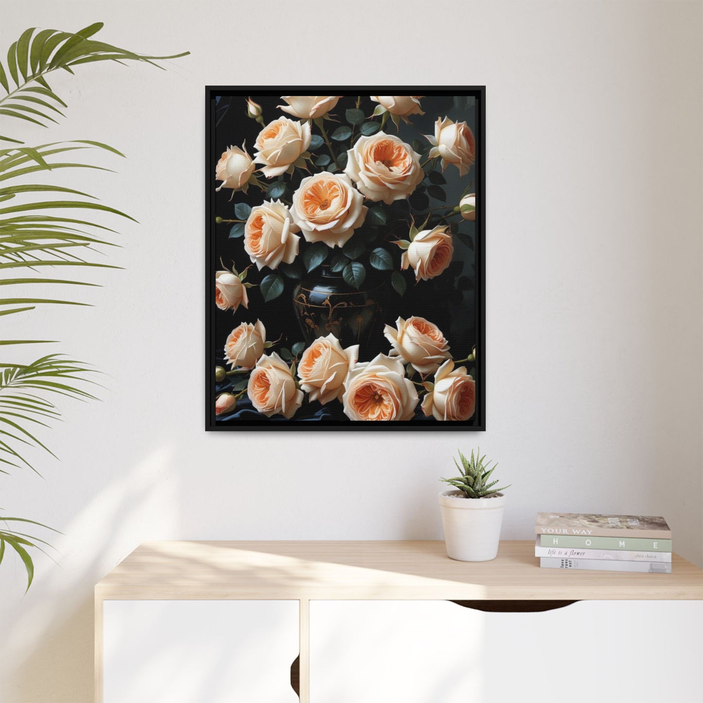 Peach Roses in Black Vase Floral Framed Matte Canvas Print