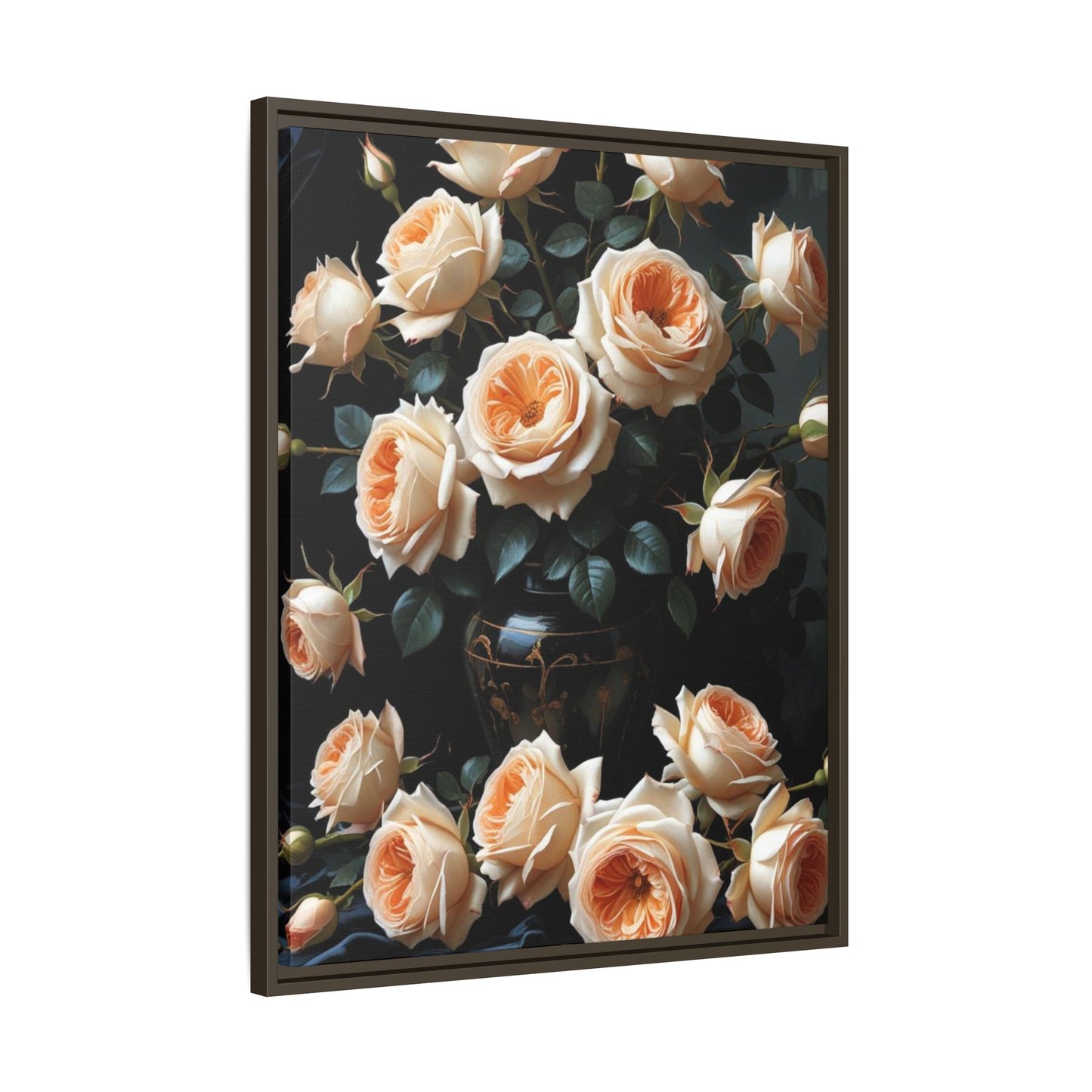 Peach Roses in Black Vase Floral Framed Matte Canvas Print