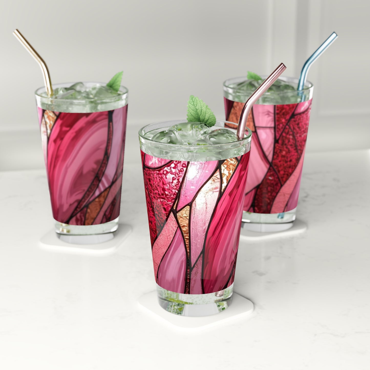 Rose Allure Stained Glass Pint Glass (16 oz) - Floral Abstract Beer Glass, Romantic Gift for Her