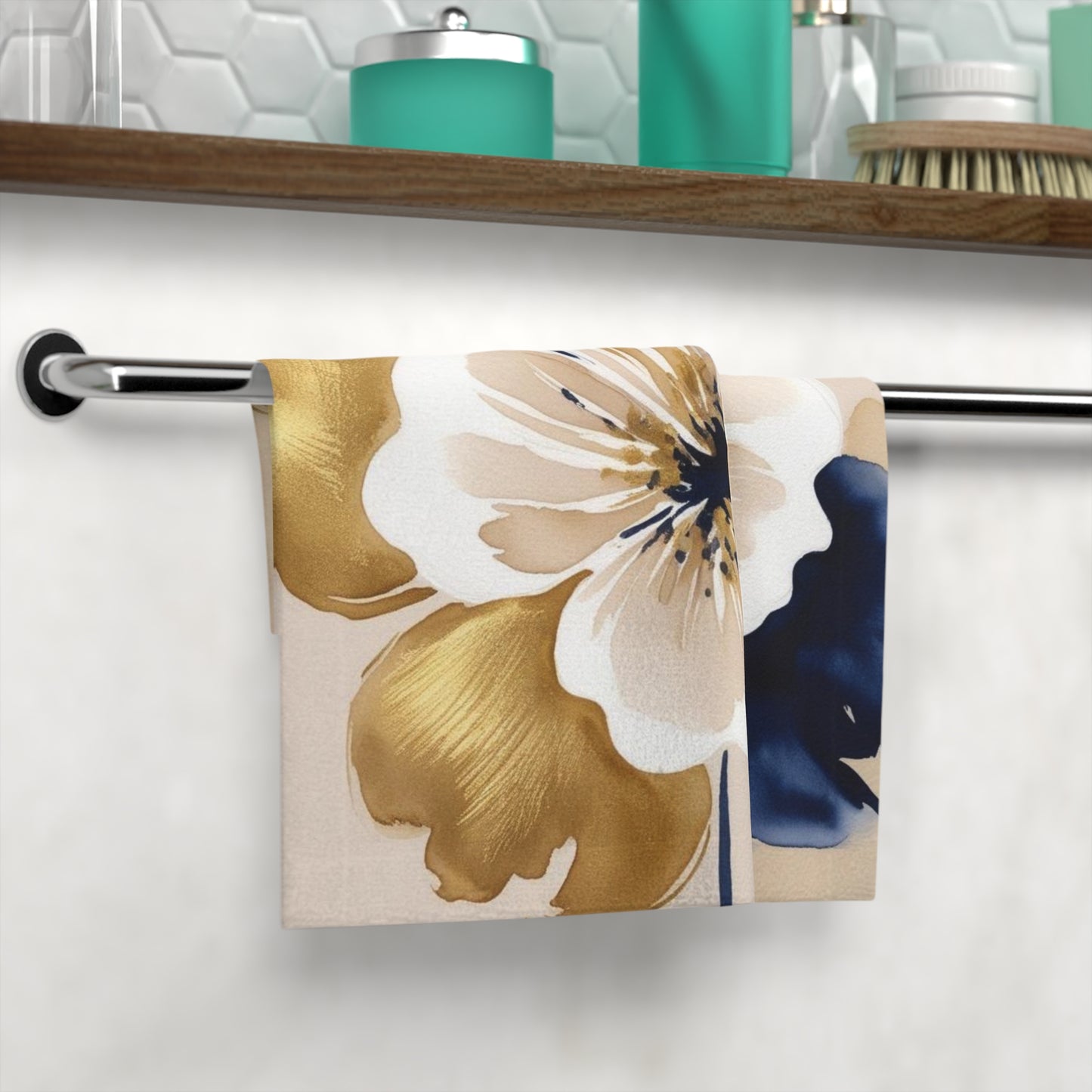 Floral Gold & Navy Face Towel