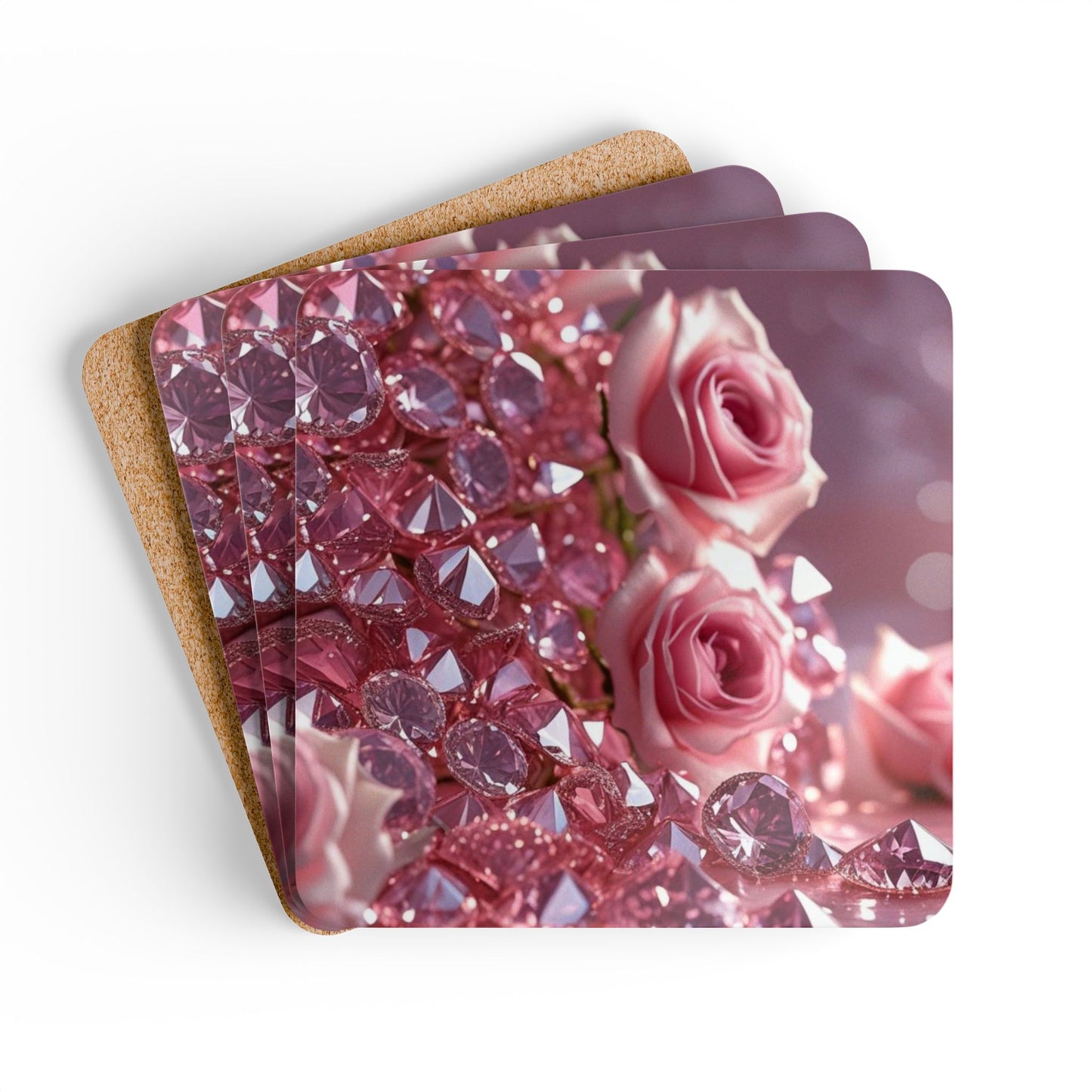 Pink Diamonds & Petals Corkwood Coaster Set