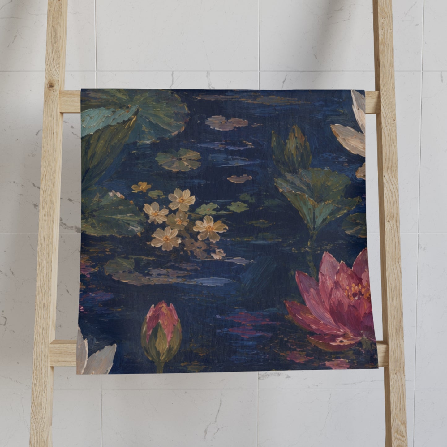 Dark Blue Lotus Pond Hand Towel - Cotton Kitchen & Bath Décor